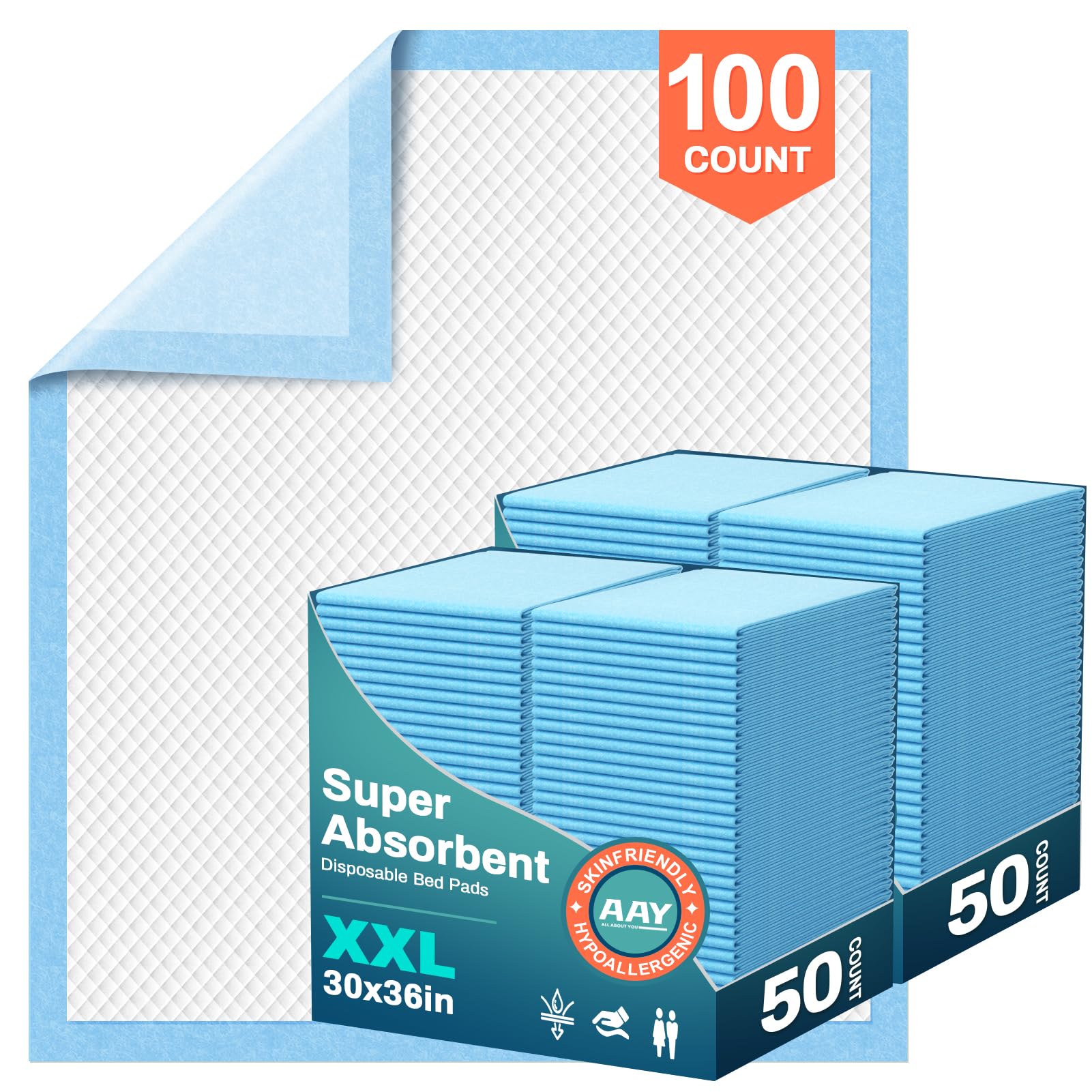 AAY Almohadillas de cama desechables de 30 x 36 pulgadas (100 unidades), almohadillas desechables extra grandes de súper absorción para incontinencia, almohadillas protectoras a prueba de fugas para
