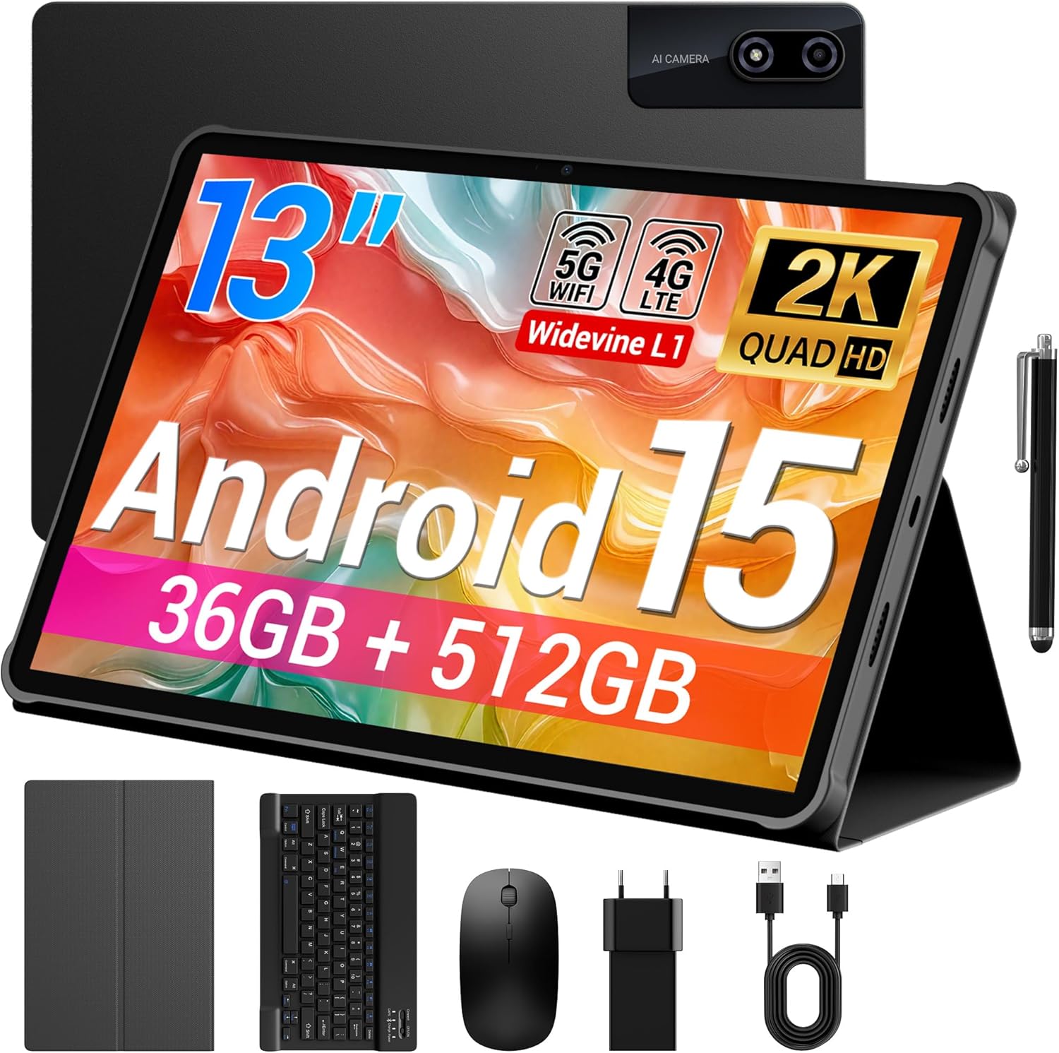 Tablet13 Pollici Android 15 tablet con 4G LTE/5G WiFi,36GB RAM+512GB ROM+1TB Espansione,2960x1848 FHD+, Gemini AI,11580mAh,13MP+8MP,BT 5.0/GPS/Split-Screen/Face ID/Tab con Tastiera,Nero