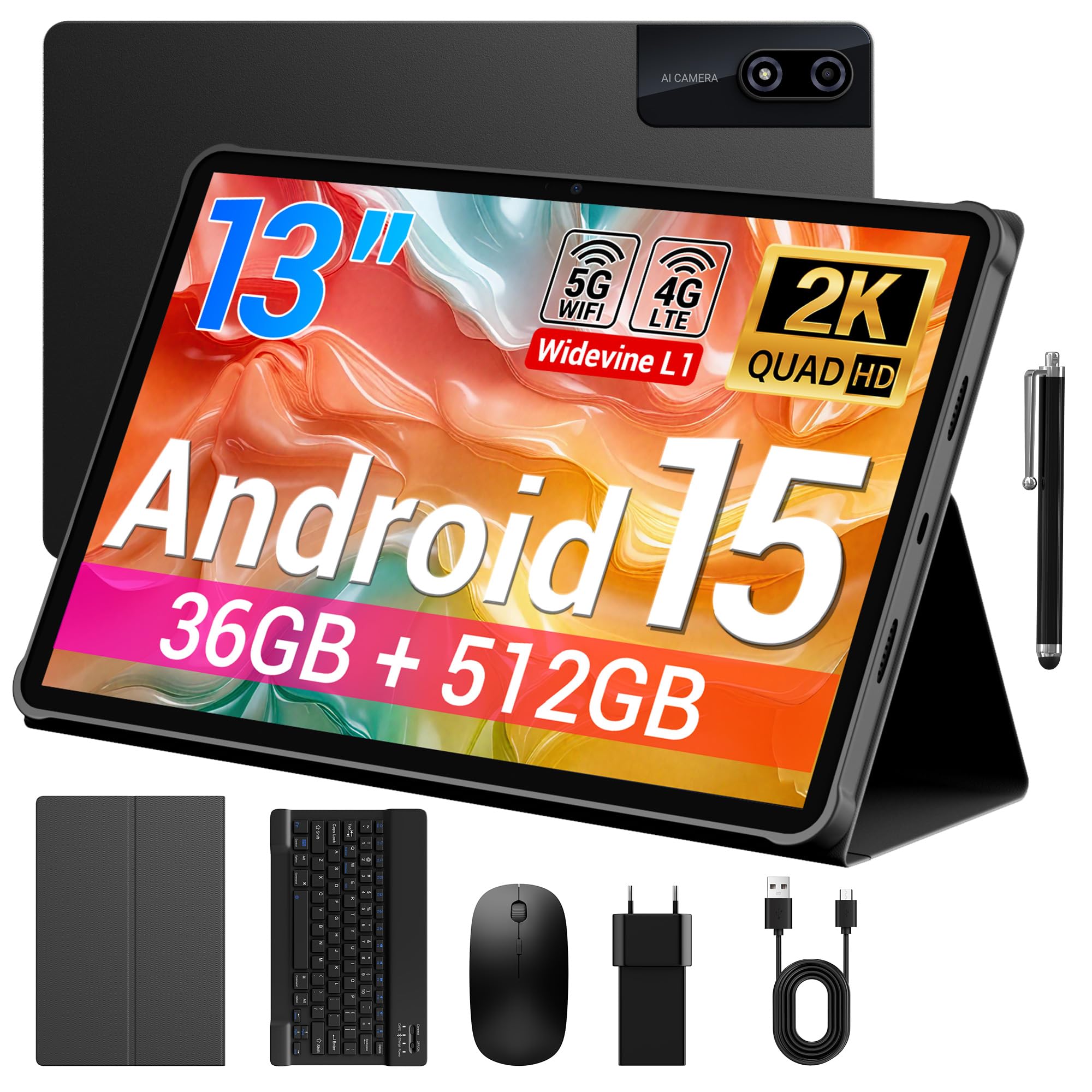 BEYNIVAN Tablet13 Pollici Android 15 tablet con 4G LTE/5G WiFi,36GB RAM+512GB ROM+1TB Espansione,2944x1840 FHD+, Gemini AI,11580mAh,13MP+8MP,BT 5.0/GPS/Split-Screen/Face ID/Tab con Tastiera,Nero