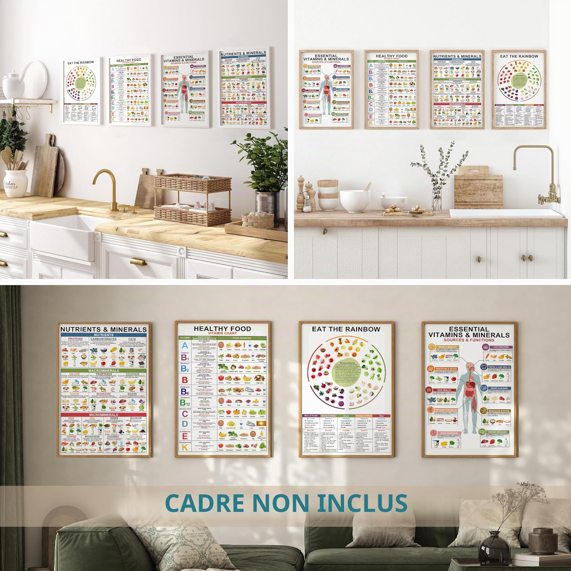 Lot de 4 tableaux de vitamines et minéraux de 27,9 x 43,2 cm – Tableau des aliments sains, affiche nutritive riche, protéines alimentaires, vitamines essentielles laminées pour salle de classe