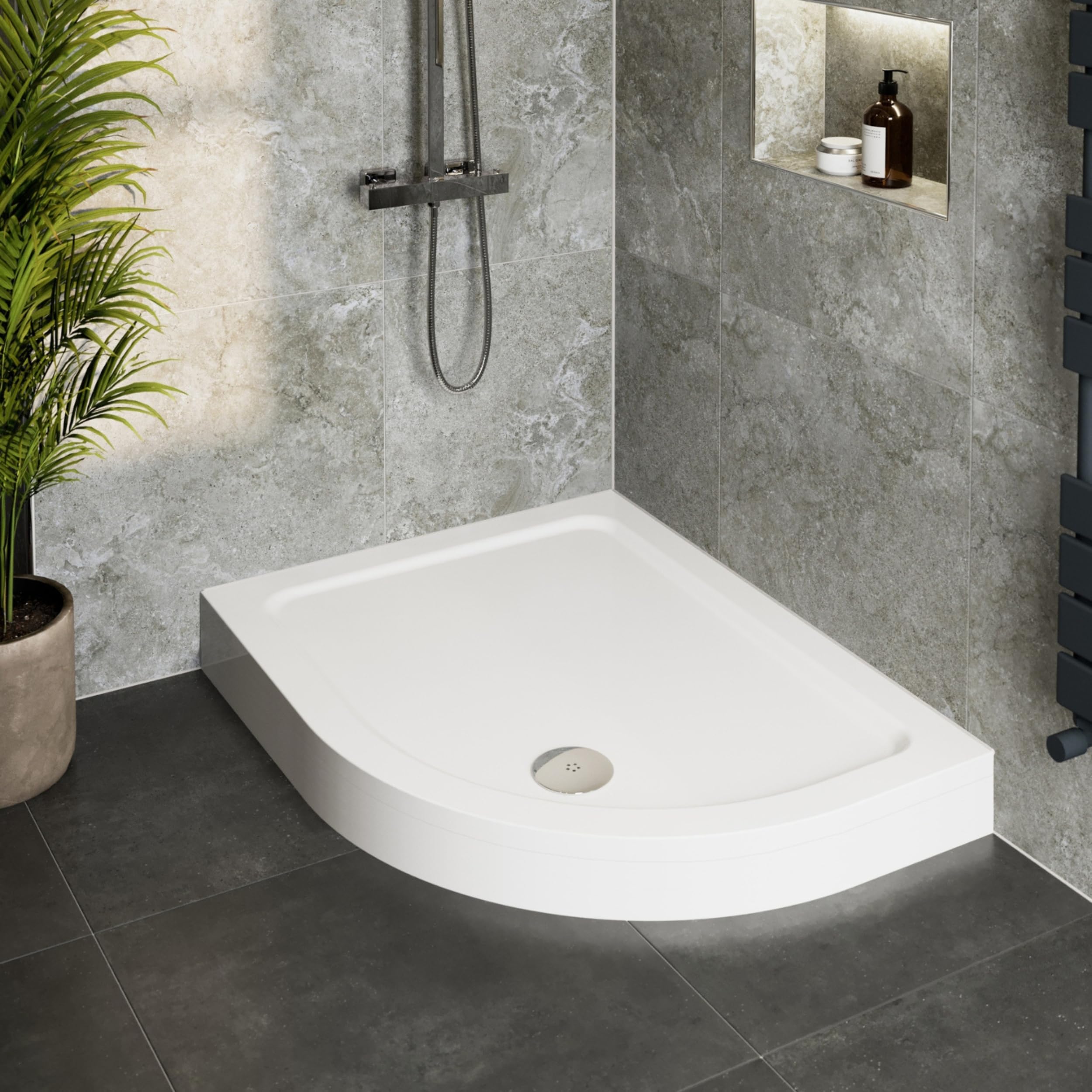 HydroluxÂŽ 1200 x 800 x 140mm White Bathroom Shower Tray for Enclosures Cubicles & Wet Room with Chrome Waste + Riser Kit, Offset Quadrant Right Hand
