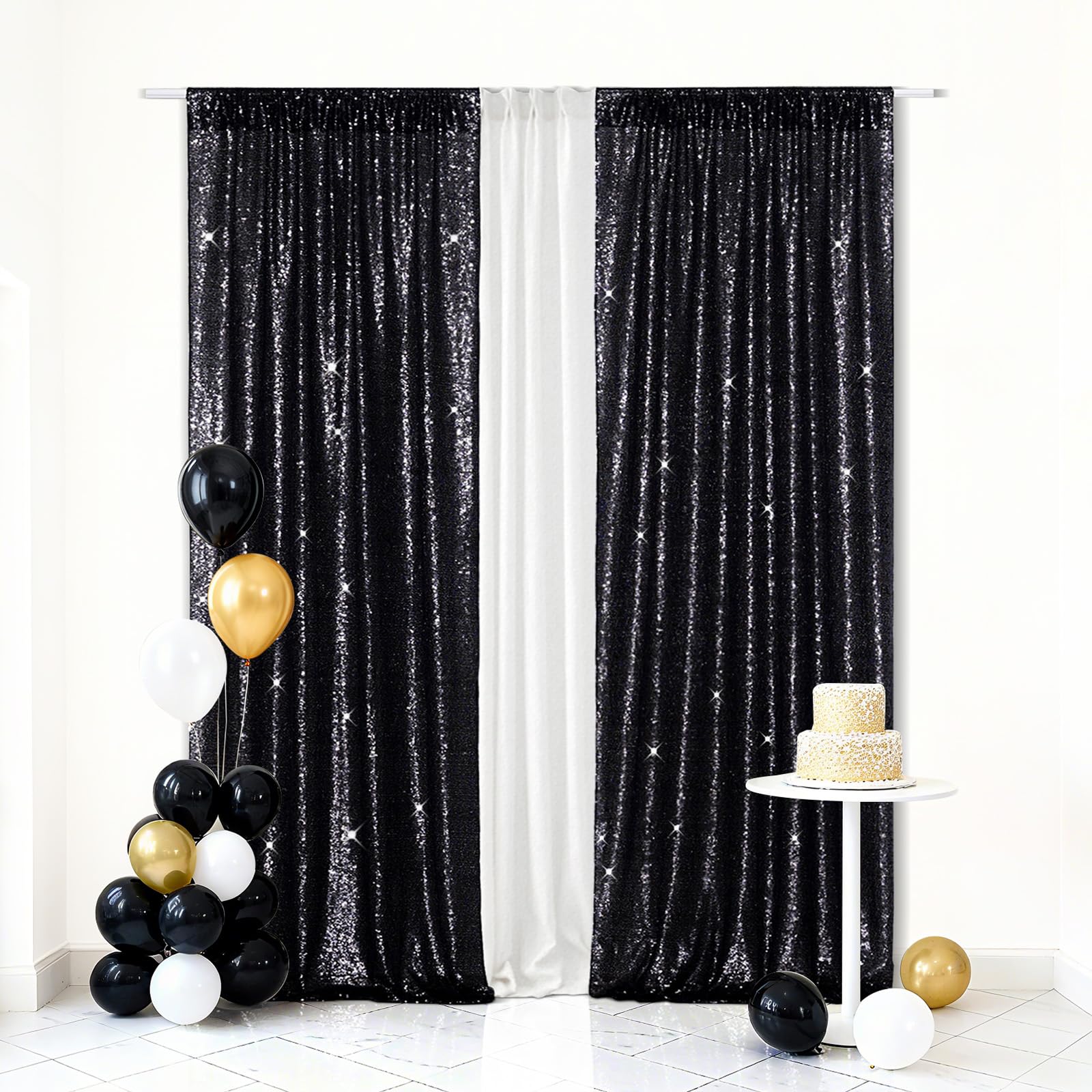 Eternal Beauty Sequin Backdrop Curtains, 2x8 Ft-2 Panels Black Back Drop for Shimmer Photography Party Wedding Birthday Decor