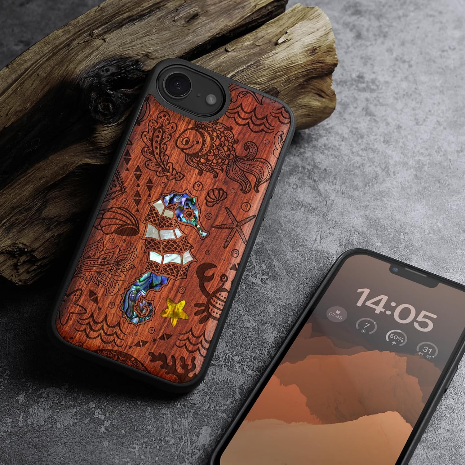 Carveit Magnetic Wooden Case for iPhone 16e / 17e, Wood Artisan Engraved & Handmade Shell Inlaid, TPU Shockproof Cover, Compatible with MagSafe Wireless Chargers, The Underwater World - Rosy