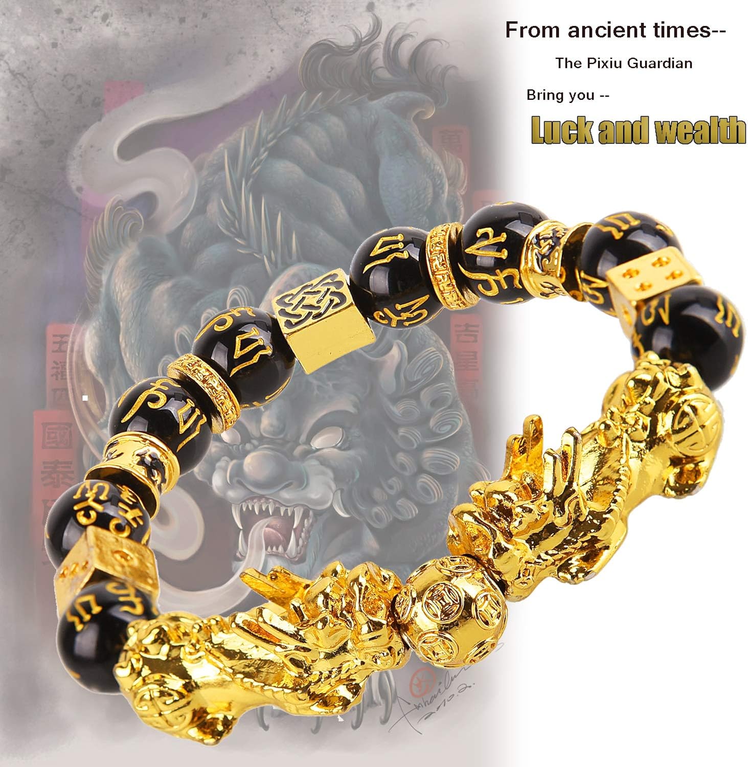 Vista 6 de poceton Feng Shui Pixiu Pulsera 3 Set, Buena suerte Pixiu Colgante Collares, Negro Obsidiana Feng Shui Riqueza Pulseras y ajustable tallado a mano