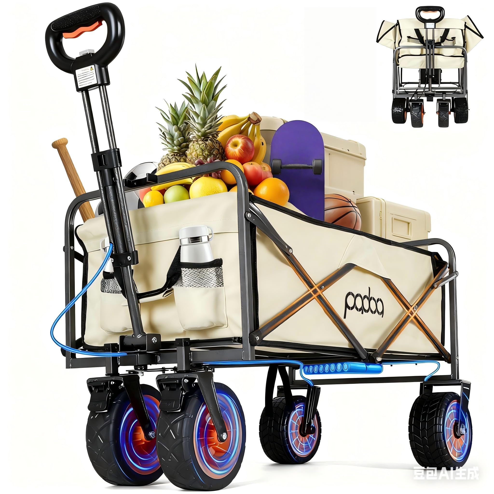 Electric Assistance Collapsible Folding Garden Wagon, 300LBS Grocery Cart with 8.5" All-Terrain Beach Wheels & Drink Holders, Portable for Camping Outdoor Beach Fishing Picnic Sports Shopping