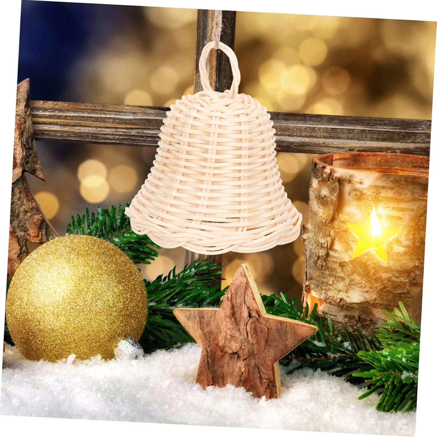 5pcs Xmas Tree Handmade Rattan Bell Pendant Decor Christmas Party Hanging Ornament Sturdy Craft for Boys and Girls Home Compact Reusable Holiday Decoration