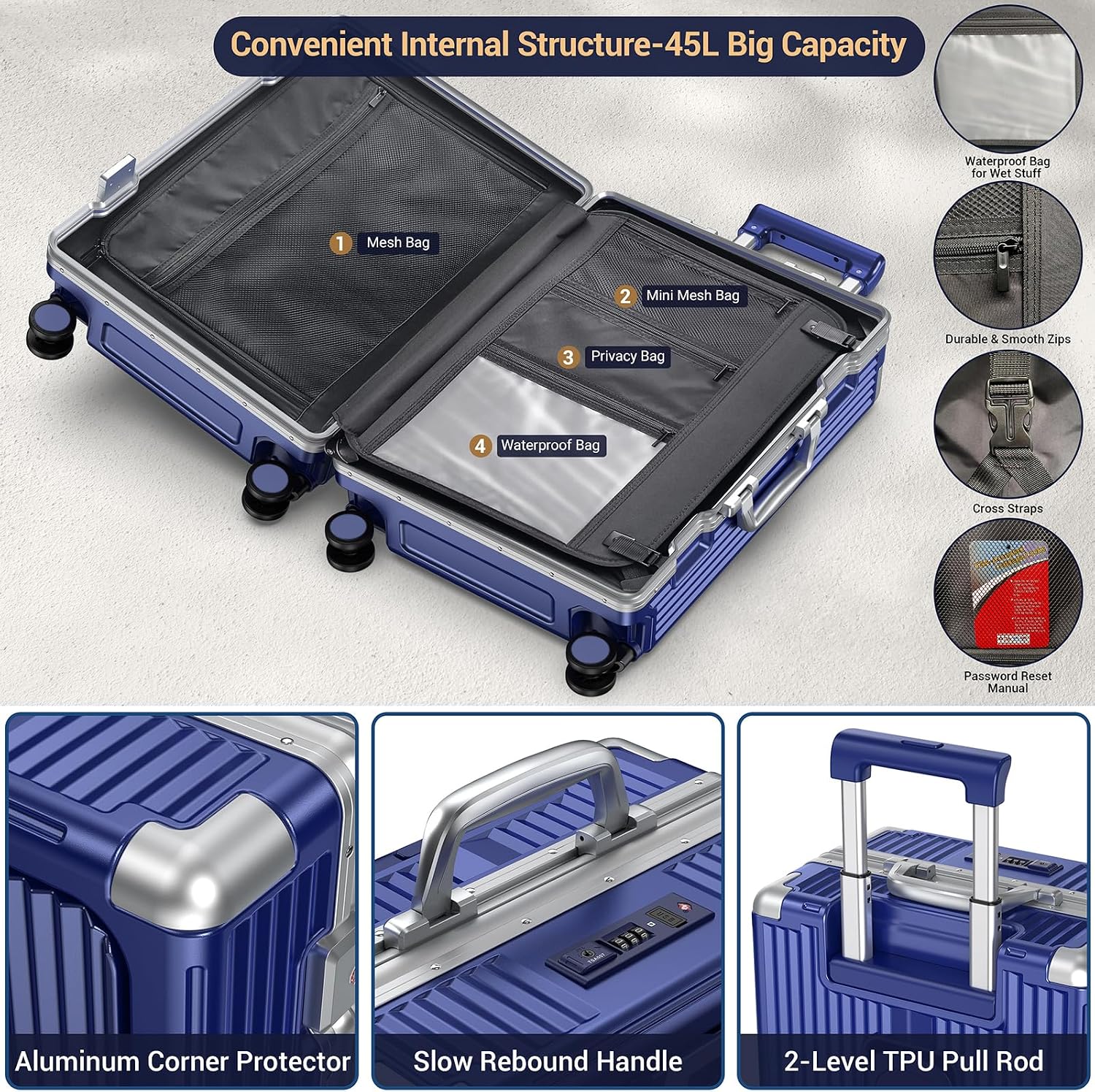 Portable Carry on Luggage Airline Approved, Luggage with Wheels for Trips, Practical Suitcase with Front Pocket ＆ USB Port.(01-Blue)