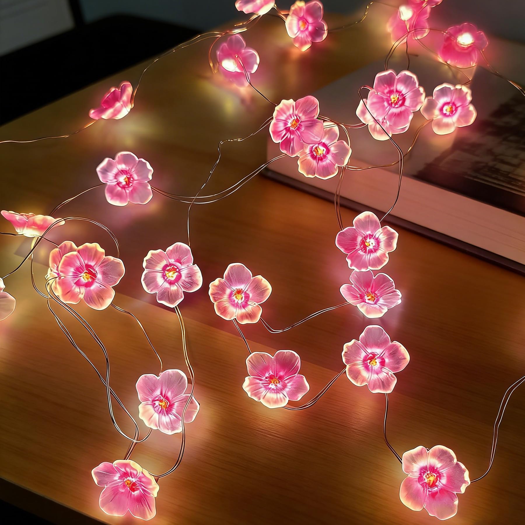LED Fairy Lights Cherry Blossoms, 2 m, 20 LED Fairy Lights, Cherry Blossoms Indoor Battery, Fairy Lights Flowers, for Spring Decoration, Wedding, Cherry Blossom Decoration, Garden