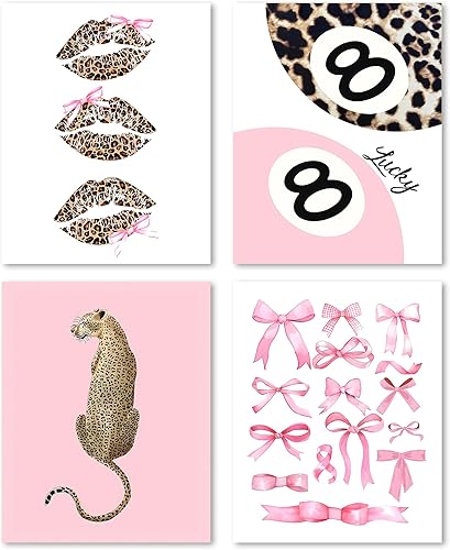 FGFK Juego de 4 impresiones artísticas de pared retro con diseño de labios de guepardo retro de 8 bolas, lazo coqueta rosa, cerezo, retro, retro,