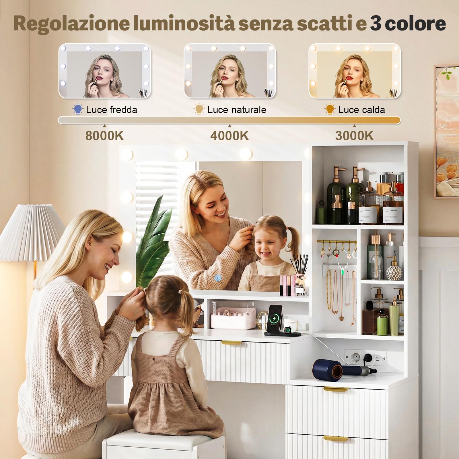 JUMMICO Toeletta Trucco con Specchio e Luci,Tavolo da Toilette con Cassetti, Postazione Trucco con Ripiani Aperti, Ganci per Gioielli e Presa Elettrica per Camera da Letto,Moderno (Bianco) (bianco)