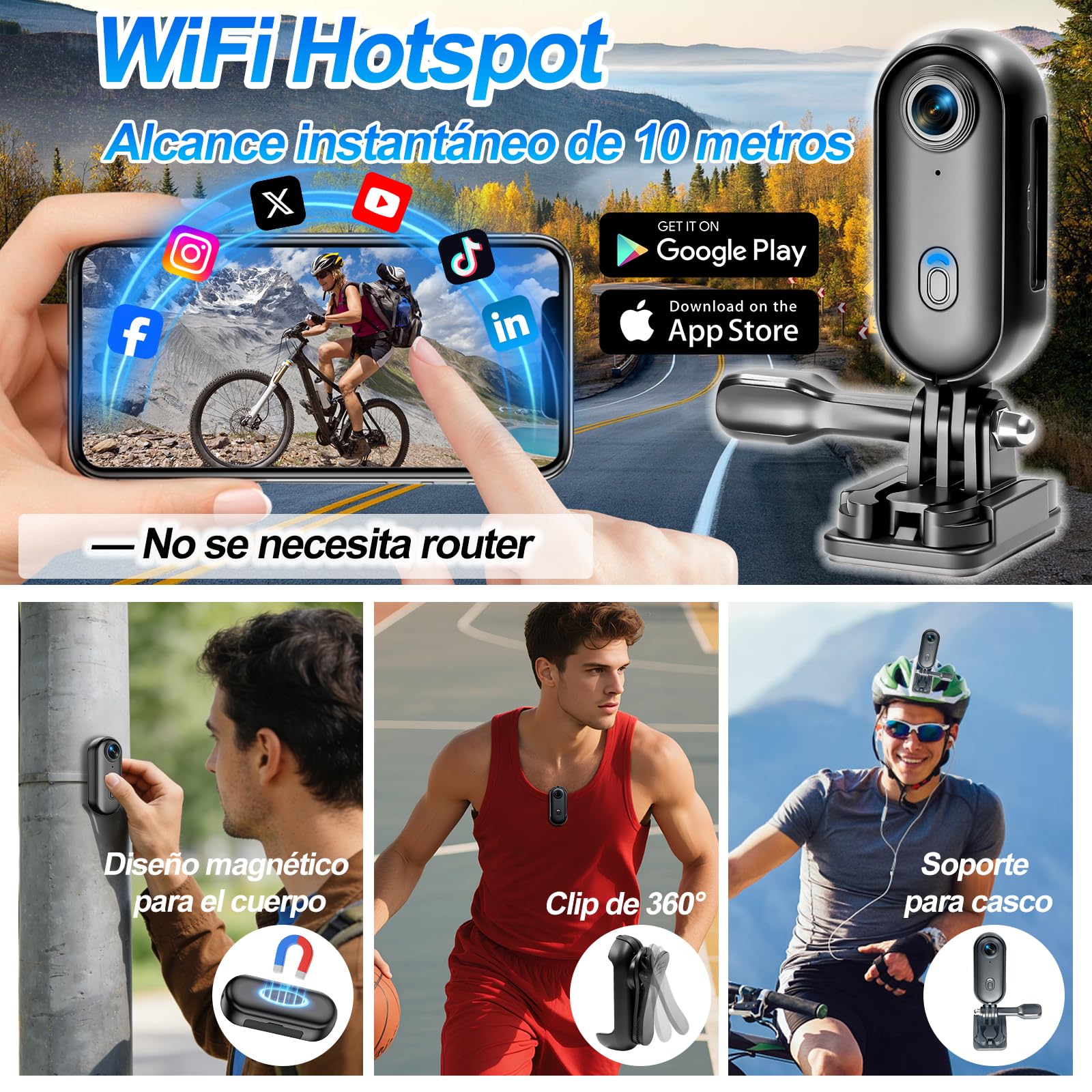 Camara 360 1080P WiFi 150° Impermeable 30m, Mini Bodycam | 2,5h Batería Autonomía, Compacto, Ligero, Soporte Magnético, App, MP4
