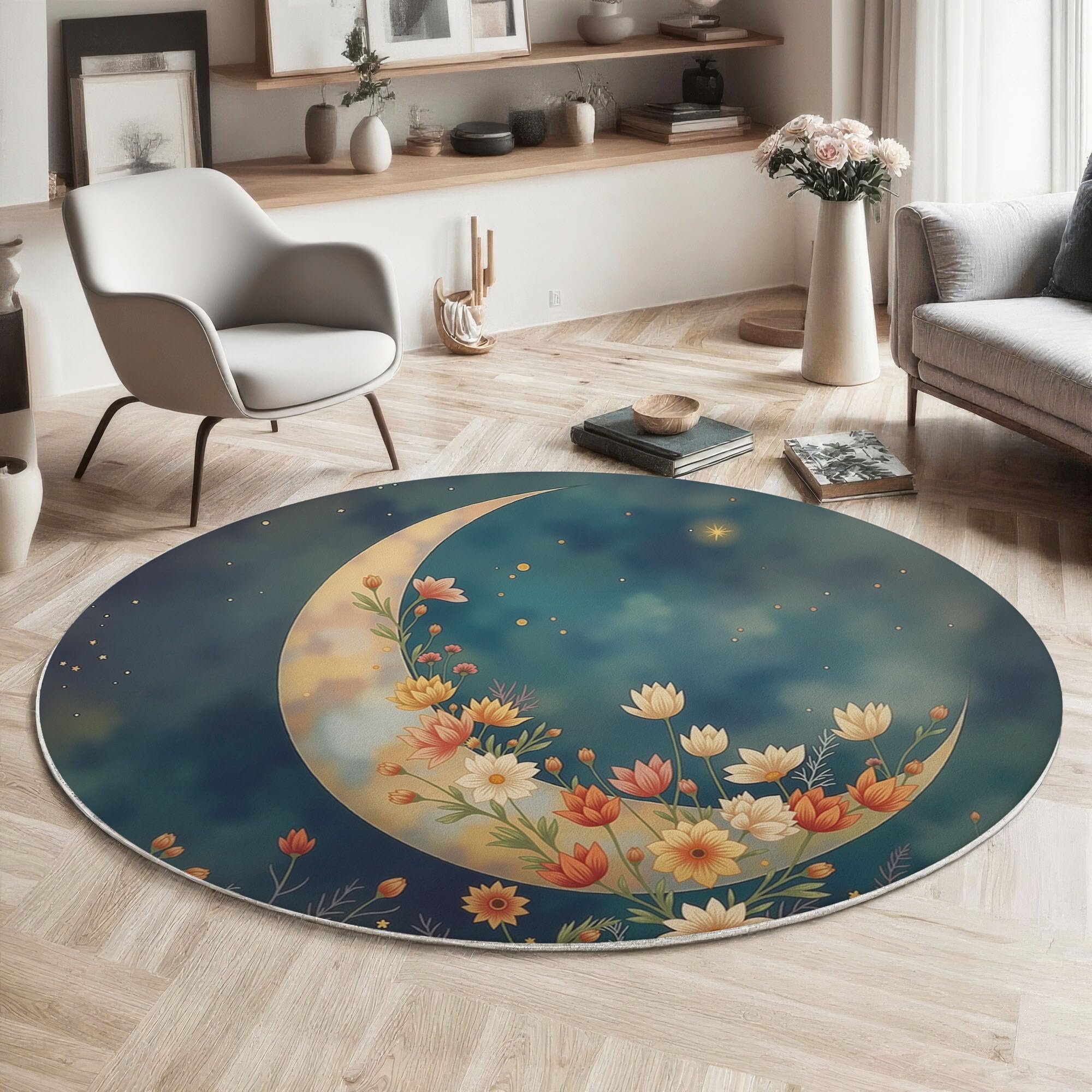 Tapis Rond 120cm, Lune Fleurs Ciel Étoilé Imprimé Décoration Antidérapant Bleu Rêveur Romantique Tapis de Sol, pour Salon Chambre Cuisine Balcon Terrasse Salle à Manger - Facile À Nettoyer