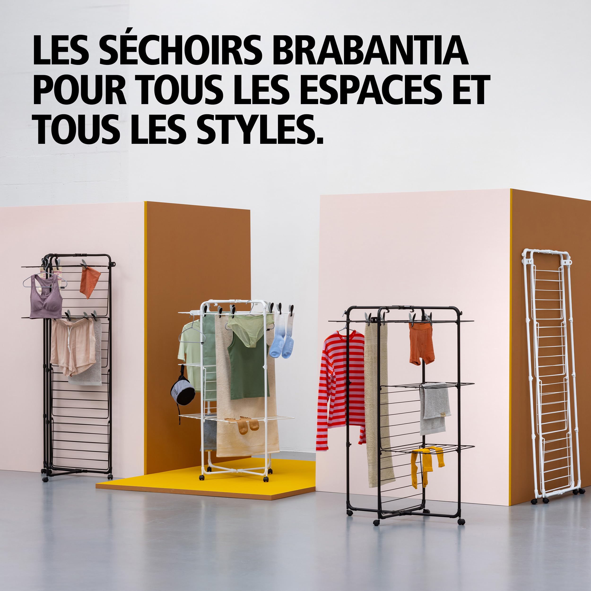 Brabantia Étendoir à Linge Tour HangOn de, 30 mètres (Noir Mat) – Séchoir à Linge Ajustable à Large capacité, Pliable et Compact – Étendoir en Tour avec Roues et Crochets pour ceintres