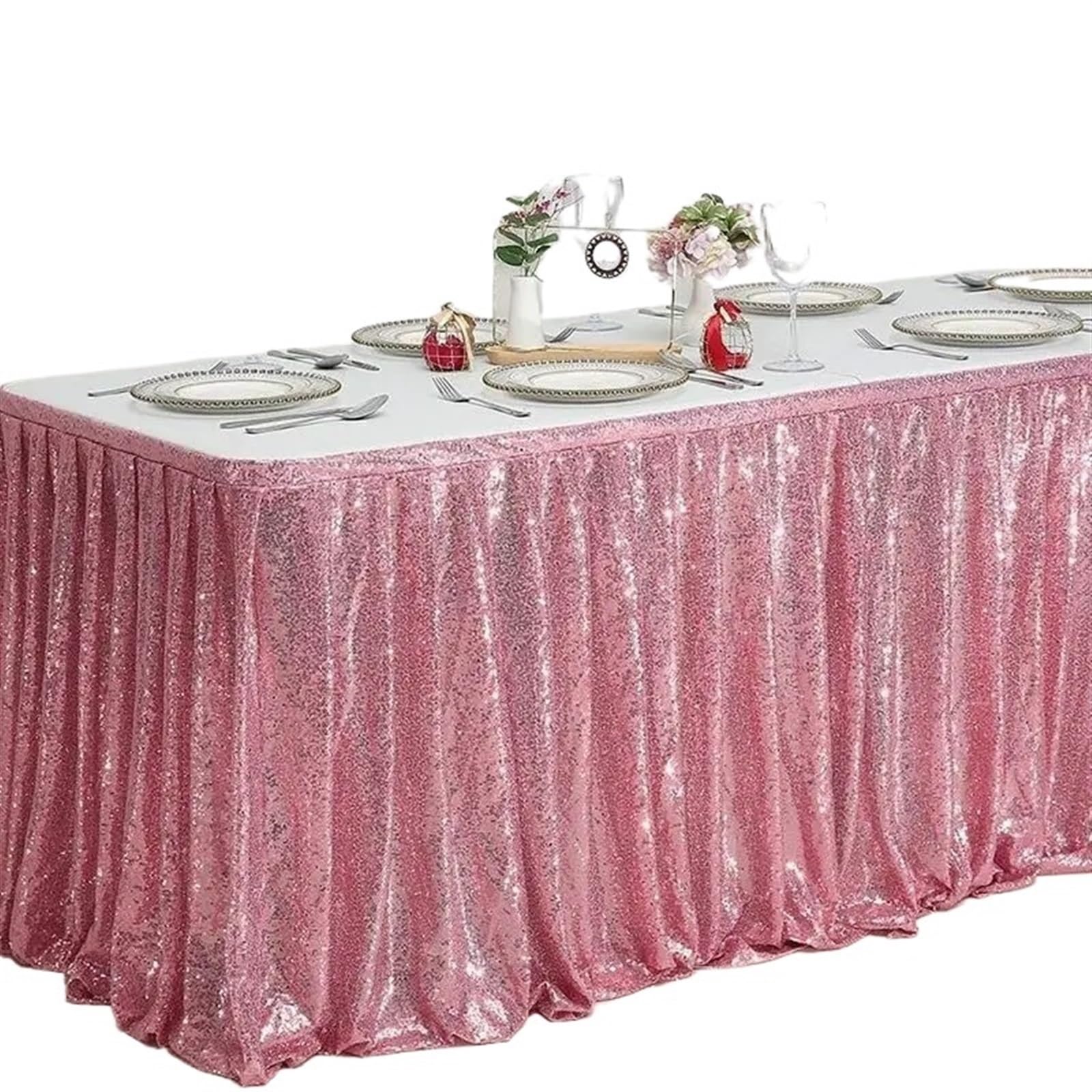 Tischrock 14ft Tischrock Rote Pailletten Rechteck Quadratisch Rund Glitzer Tischdecke for Hochzeit Party Abendessen Weihnachtsdekoration(1PC Pink,70x250cm)