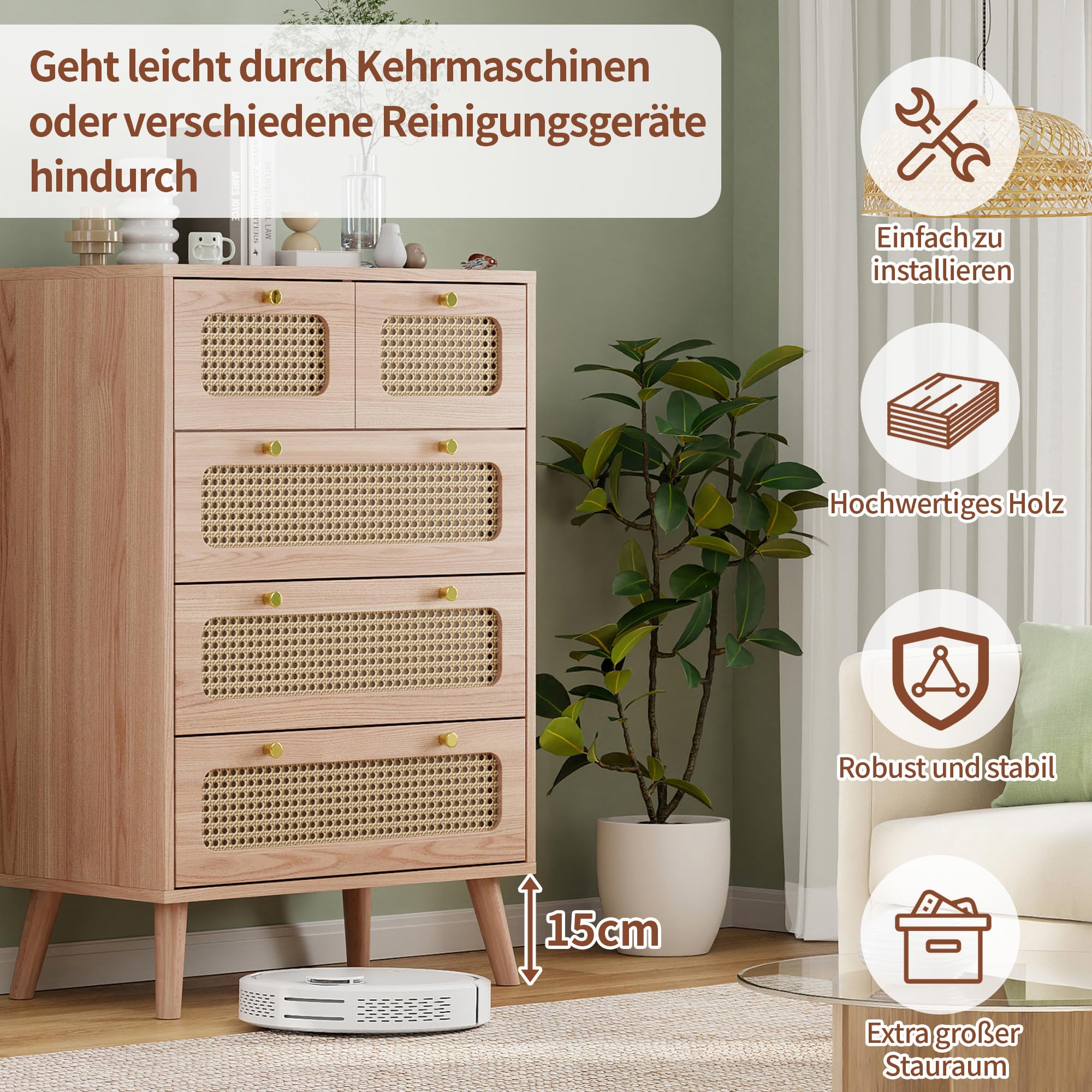 Komoda z 5 szufladami, rattanowa komoda w stylu boho, drewniana szafka obiadowa, komody, organizer z nogami, komody z metalowymi gałkami, do przedpokoju, salonu