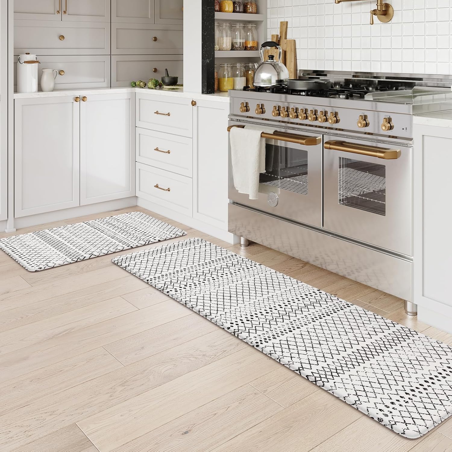 KIMODE Anti Fatigue Kitchen Mat for Floor, 20"x59"+20"x32" Kitchen Rugs Set of 2, Non Slip Kitchen Floor Mats Cushioned, Comfort Mats for Kitchen Floor Sink Laundry Office Desk Black and White 20" x 59"+20" x 32"--0.47 inches Black and White Diamond