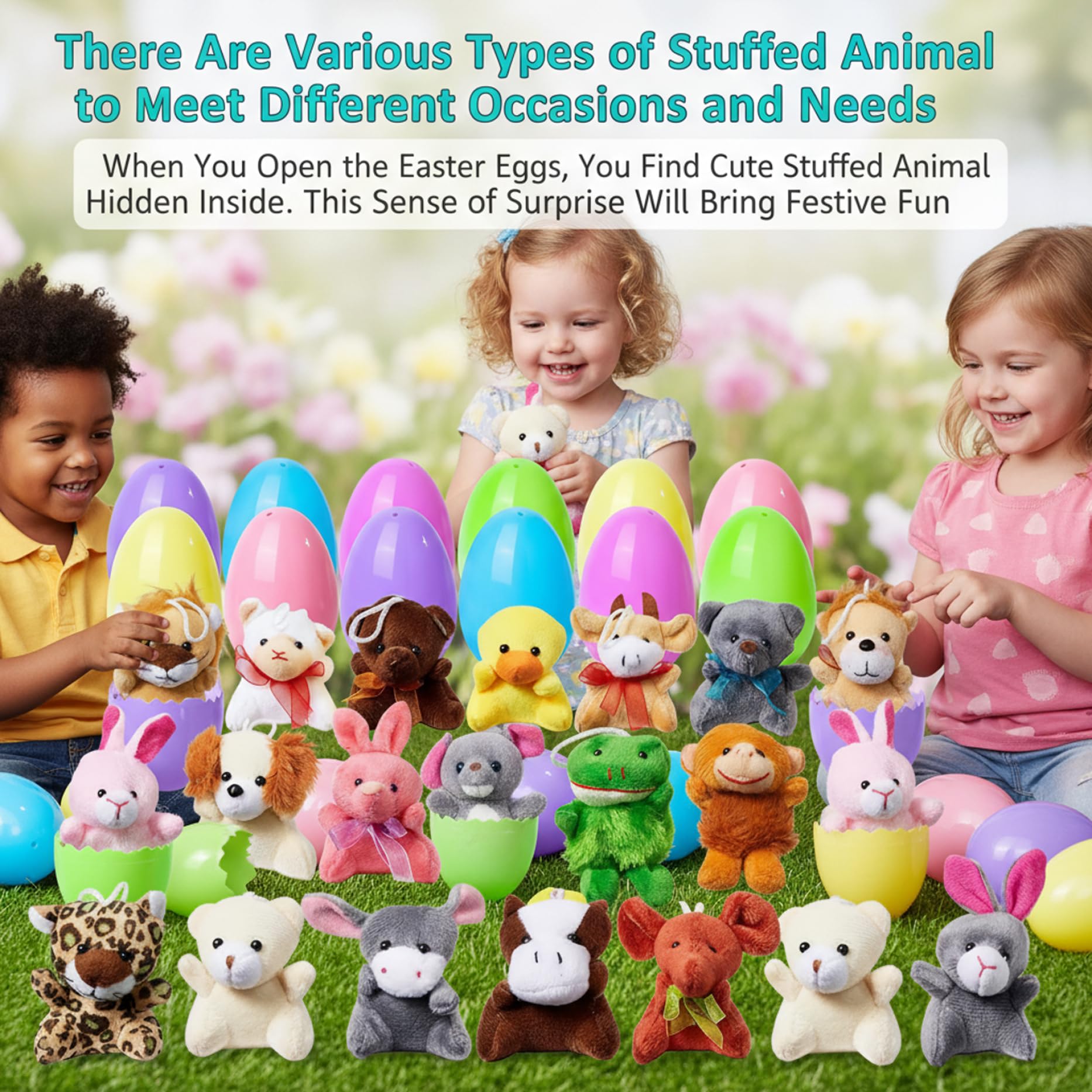 24 pièces de remplissage d'œufs de Pâques, œufs Pâques remplis plastique avec des animaux en peluche surprise pour enfants, paniers, cadeaux fête et vacances