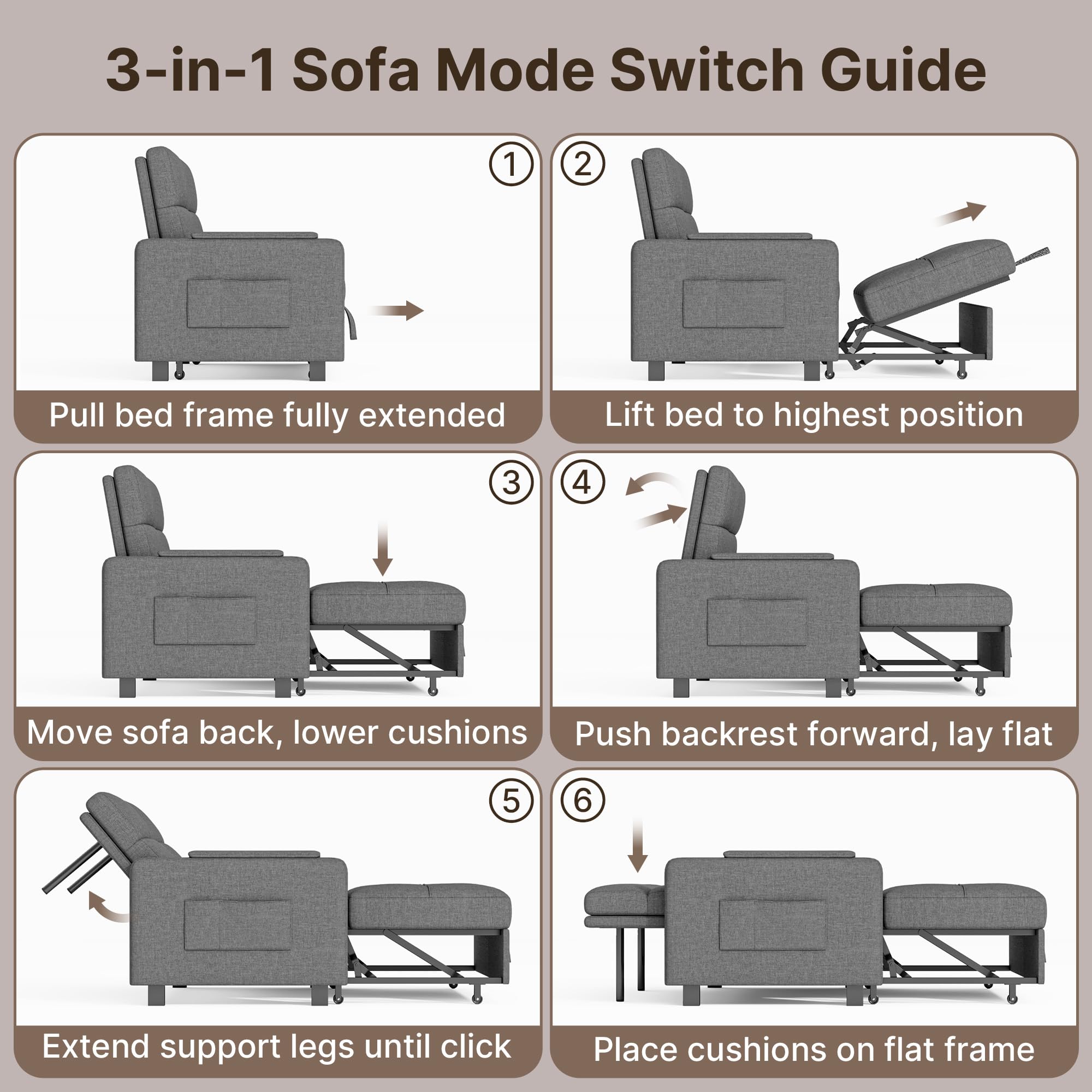 Gizoon Convertible Sofa Bed Modern Couch Bed & Small Loveseat Sleeper, Grey | 3 in 1 Pull out Couch, Space-Saving Design, 5-Position Adjustable Futon Sofa Bed for Living Room, Apartment, Guest Room