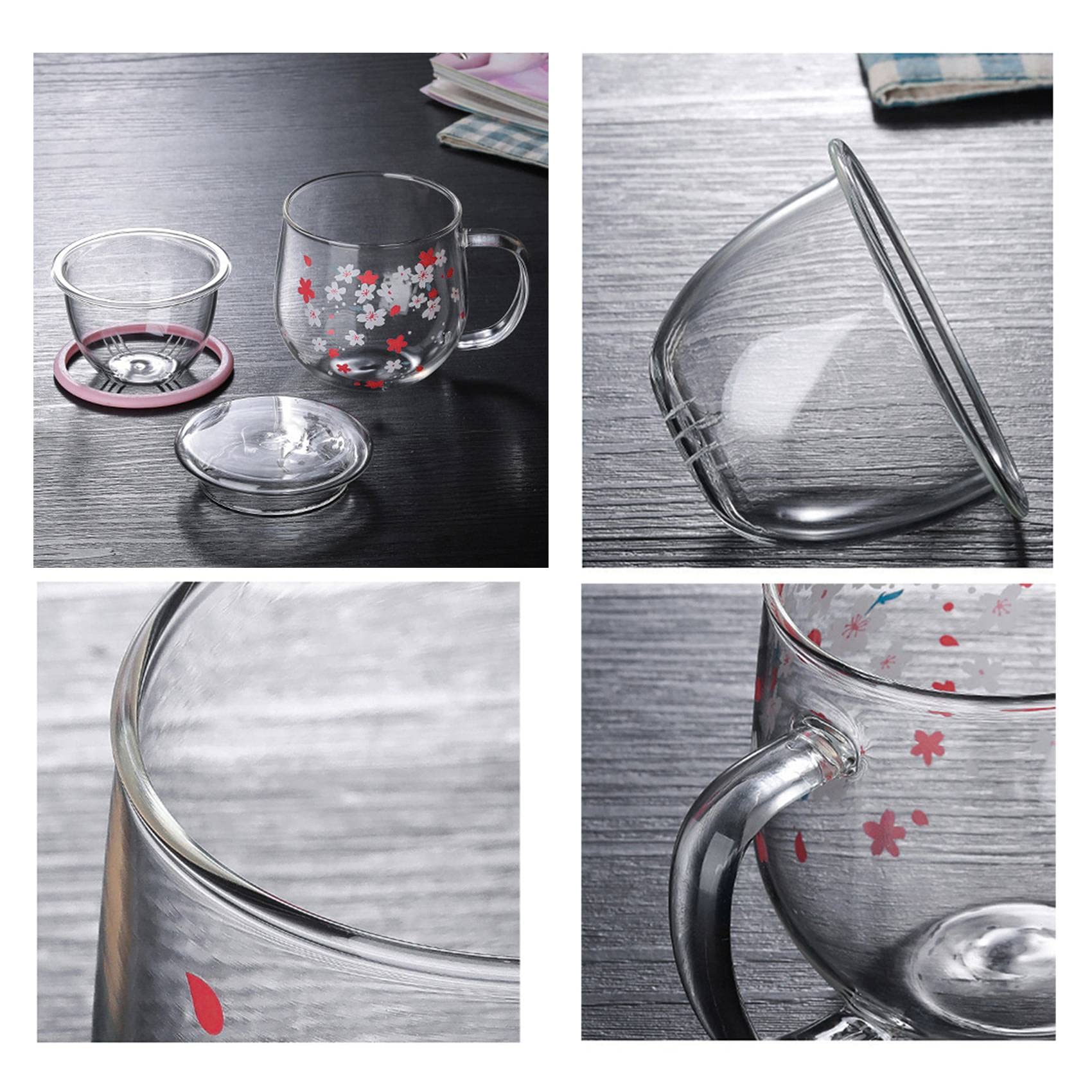 Kirschblüten Teetasse Aus Borosilikatglas 300 Ml – Mit Infusor, Deckel & Untersetzer, Hitzebeständig