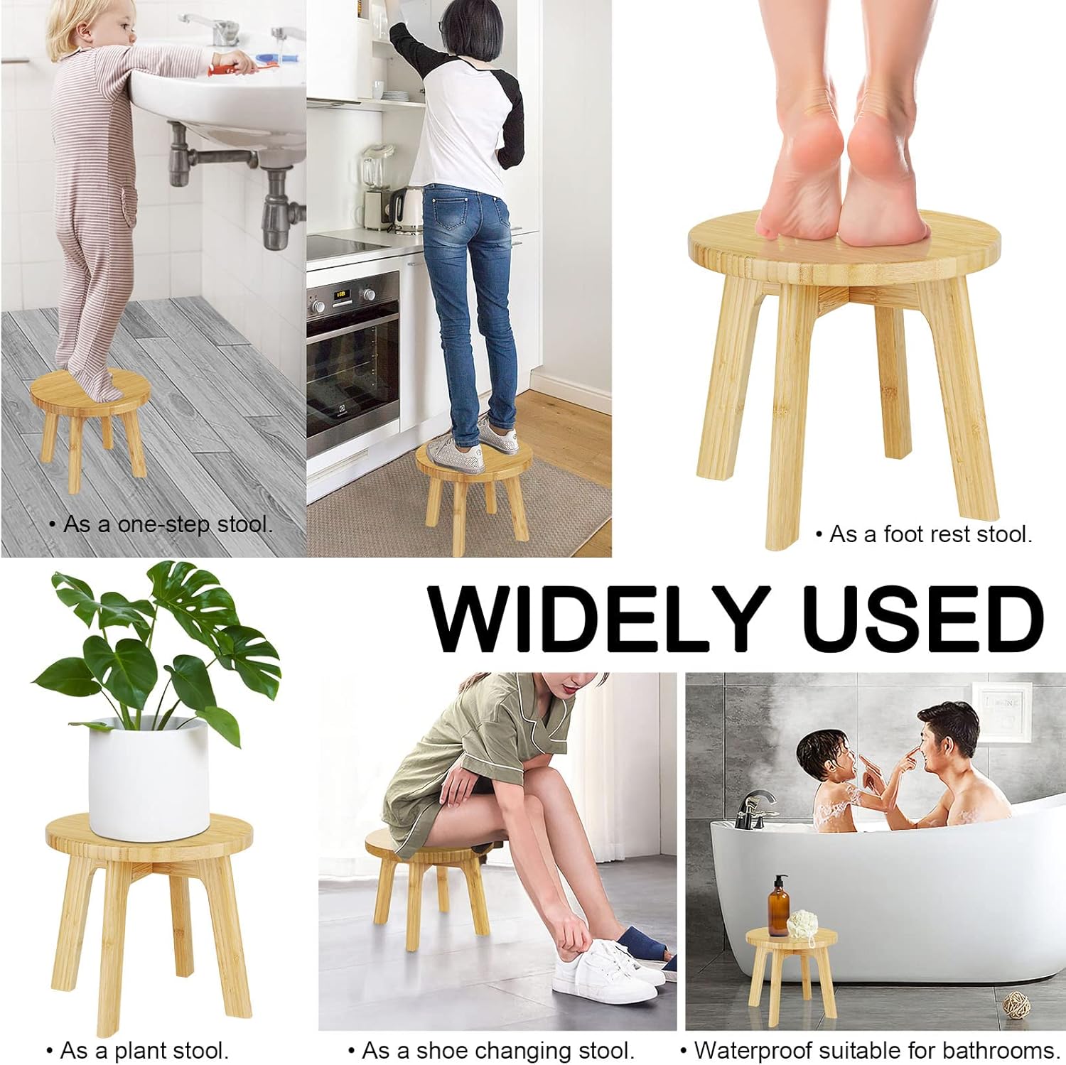 Step Stools for Kids Adults - Bamboo Wood Portable Small Foot Stools Sturdy Anti-Slip Step Stool for Inside Shower 350 Lbs Capacity for Kitchen Bathroom Bedroom Toilet (Medium Round)