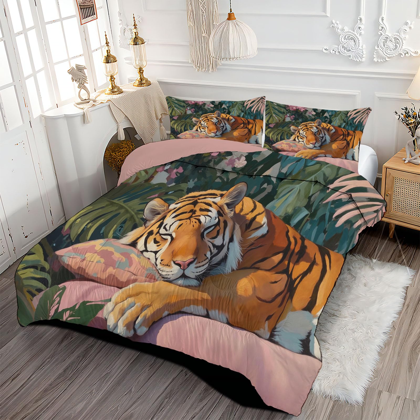 Trapunta Letto Matrimoniale 4 Stagioni Piumone per Bambini, Tigre Addormentata Leggero Acquerello Tropicale Giungla Set di Biancheria da Letto 200x200cm con 2 Federe,Piumino Lavabile In Lavatrice