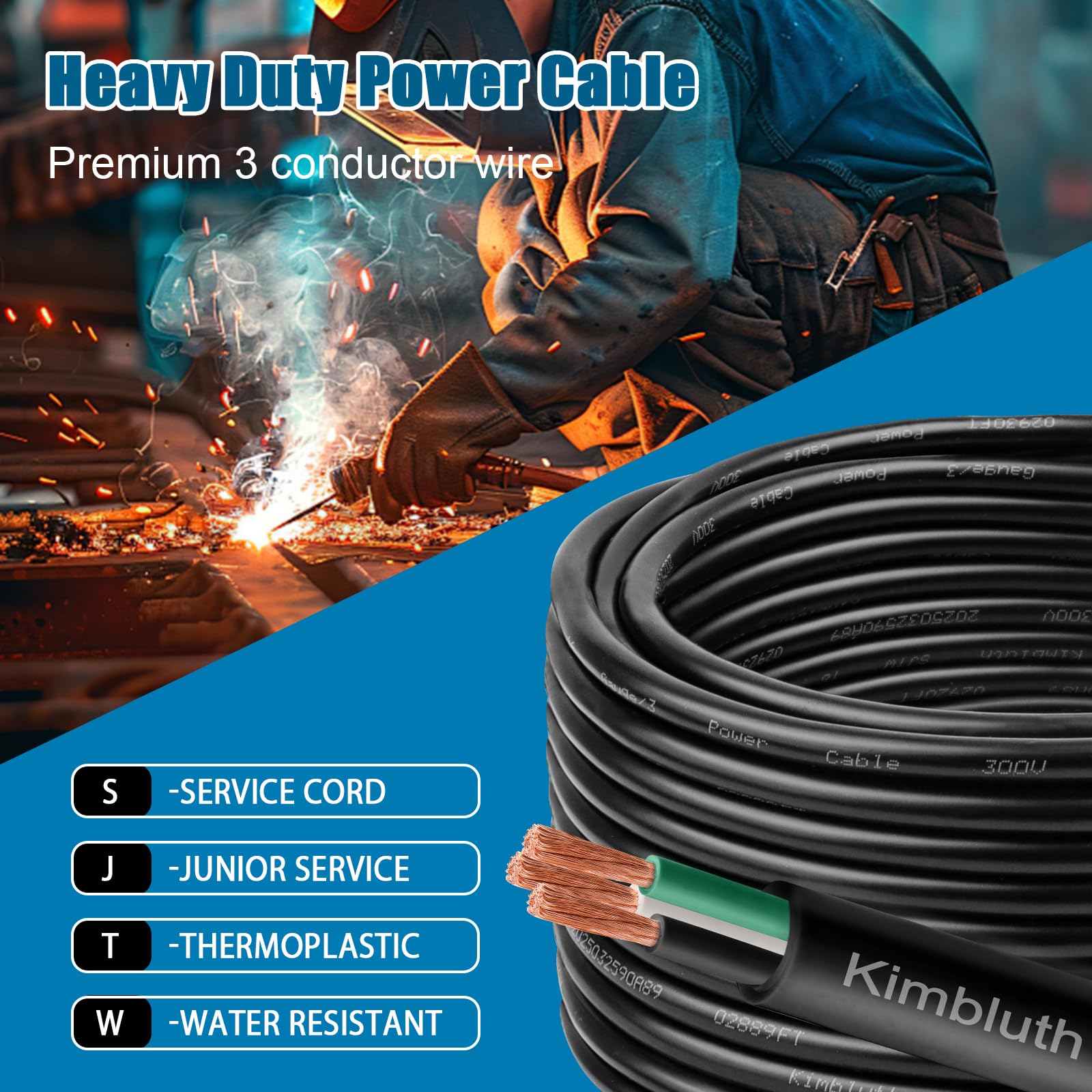 Cable de alimentación SJTW de calibre 16 con 3 conductores para exteriores, 100 pies, cable eléctrico de cobre puro resistente para césped, batería, automoción, exteriores