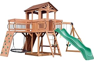 Backyard Discovery Sterling Point All Cedar Wooden Swing Set, Raised Clubhouse, Green...