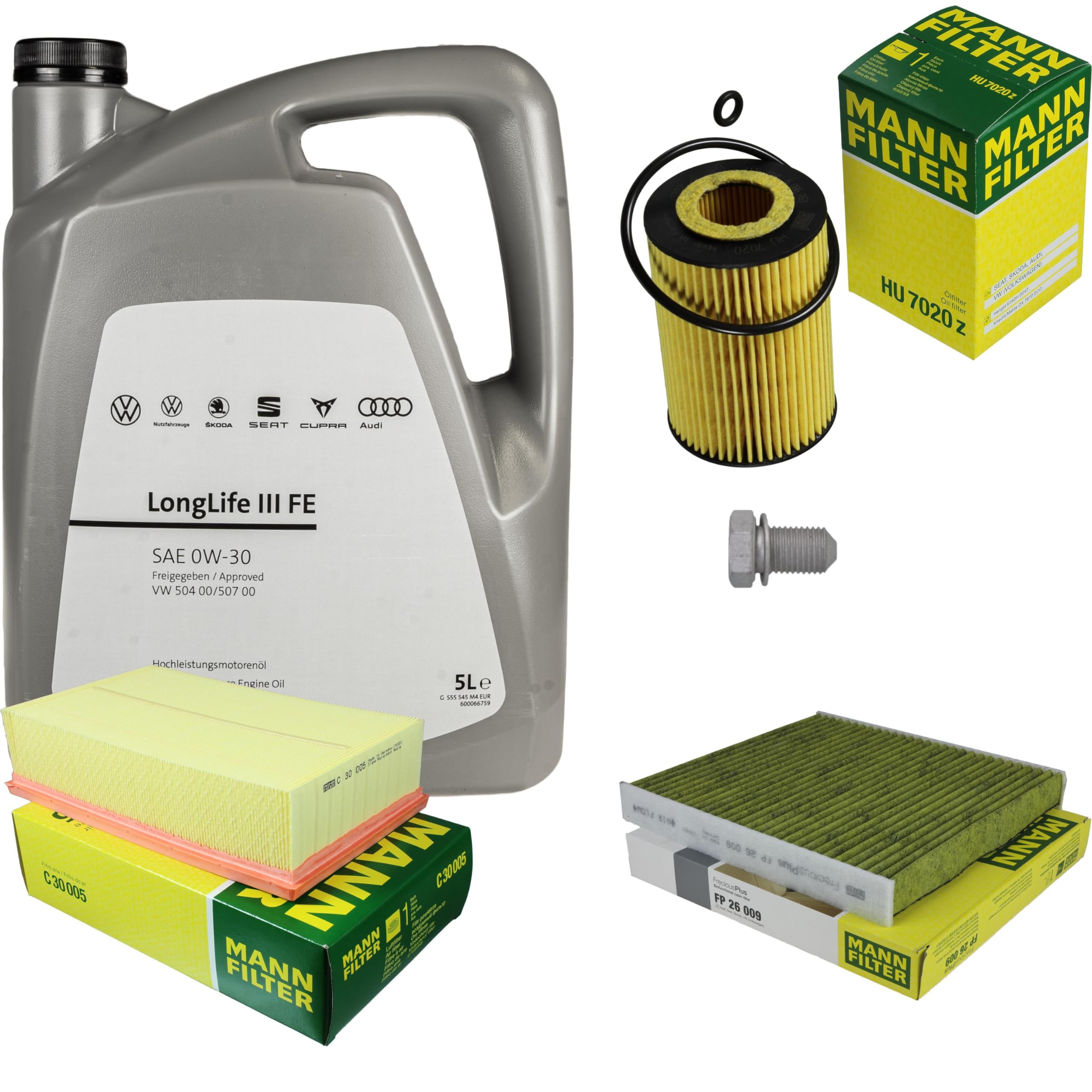 Pacchetto di ispezione pacchetto di manutenzione filtro con 5 l 0W-30 olio motore LongLife 3 FE, filtro dell'olio, filtro dell'aria abitacolo (carbone attivo) vite di scarico dell'olio