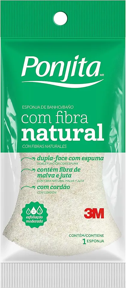 Ponjita, 3M, Esponja Para Banho, Dupla Face Com Fibra Natural - 1 Unidade, Branca