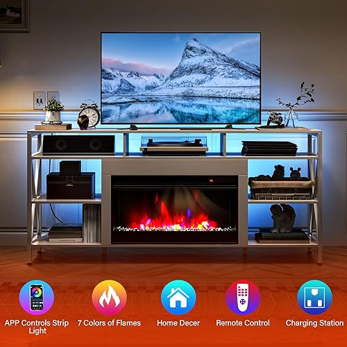 Miniatura 10 de TC-HOMENY Soporte de TV para TV de 70 pulgadas armario de TV con regleta de alimentación y tira de luz LED consola central de entretenimiento puerta