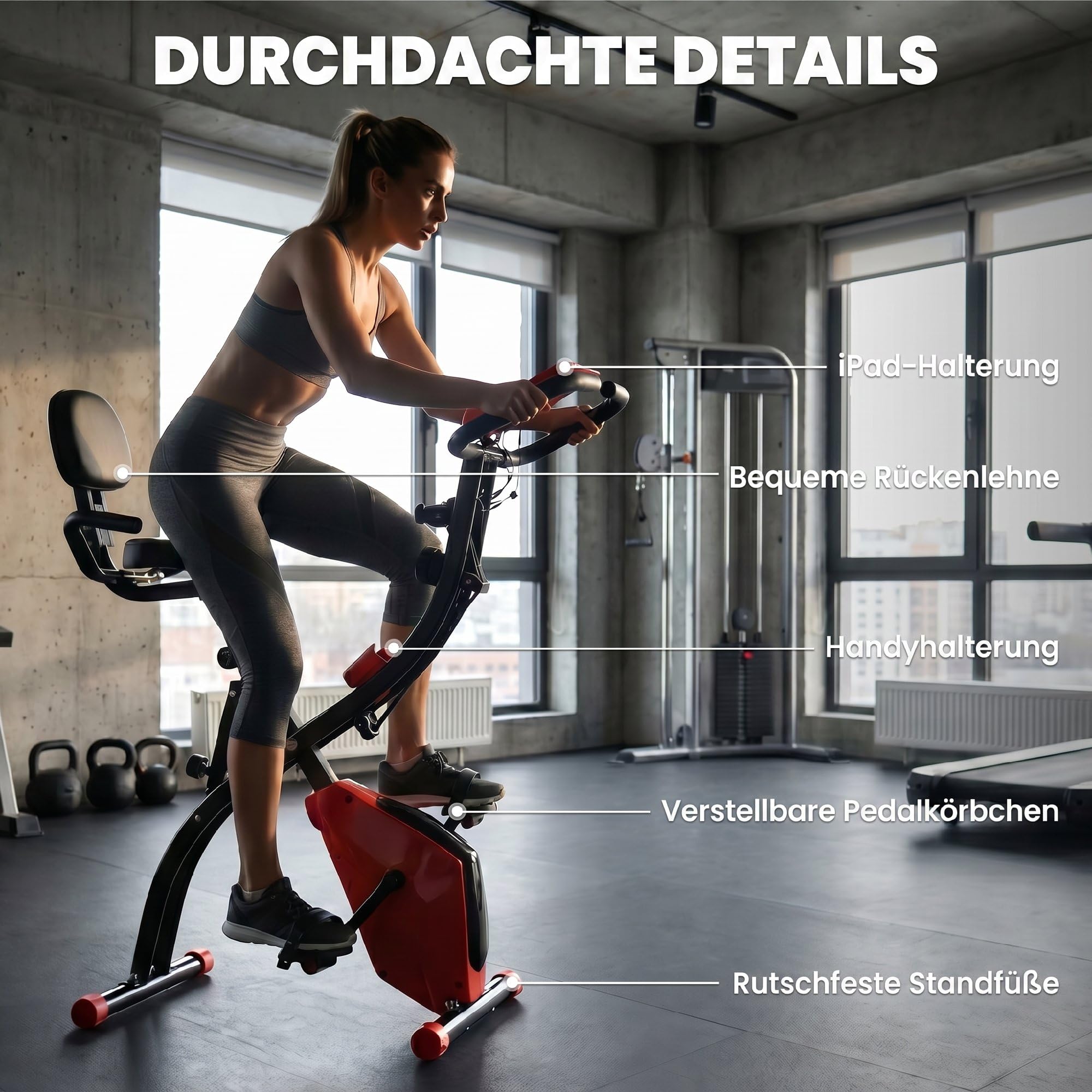 HOMCOM Heimtrainer 2-in-1 Fahrradtrainer mit LCD-Display Pulsmesser verstellbar Sitz Räder, klappbarer Hometrainer Trimmrad mit 8 stufig Magnetwiderstand, Spannseil, Stahl