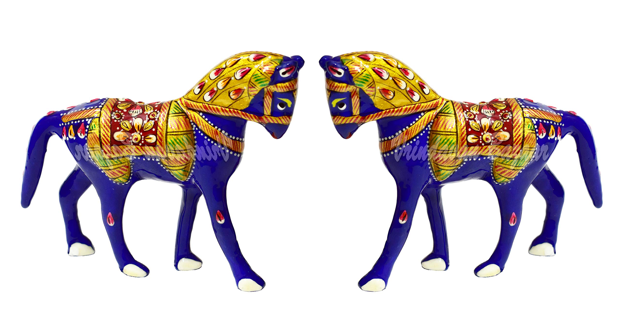 Chevaux Meenakari en métal peint - Statuettes artisanales haut de gamme