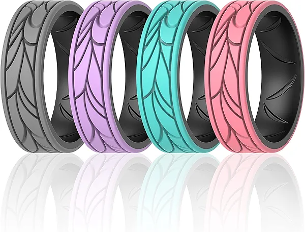 ThunderFit Silicone Rings for Women, Breathable Bands Round Pattern Design 6.8mm Wide 1.8mm Thick - 1/4 Variety Multipack