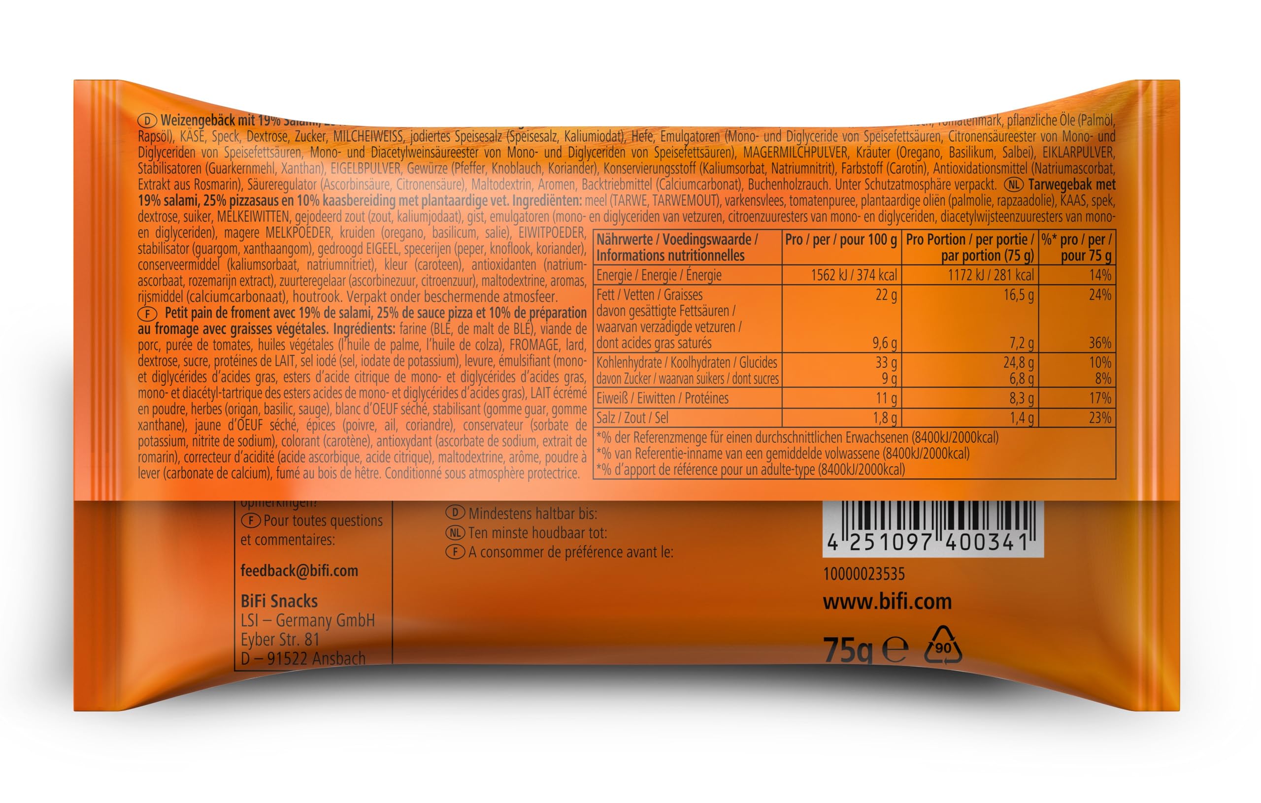 BiFi Carazza Original XXL - Aperitivos de pizza, pack de 16 bolsitas (75 g cada una), minipizzas para llevar, para viajes, oficina y pausa del mediodía, con salami, salsa de pizza y queso