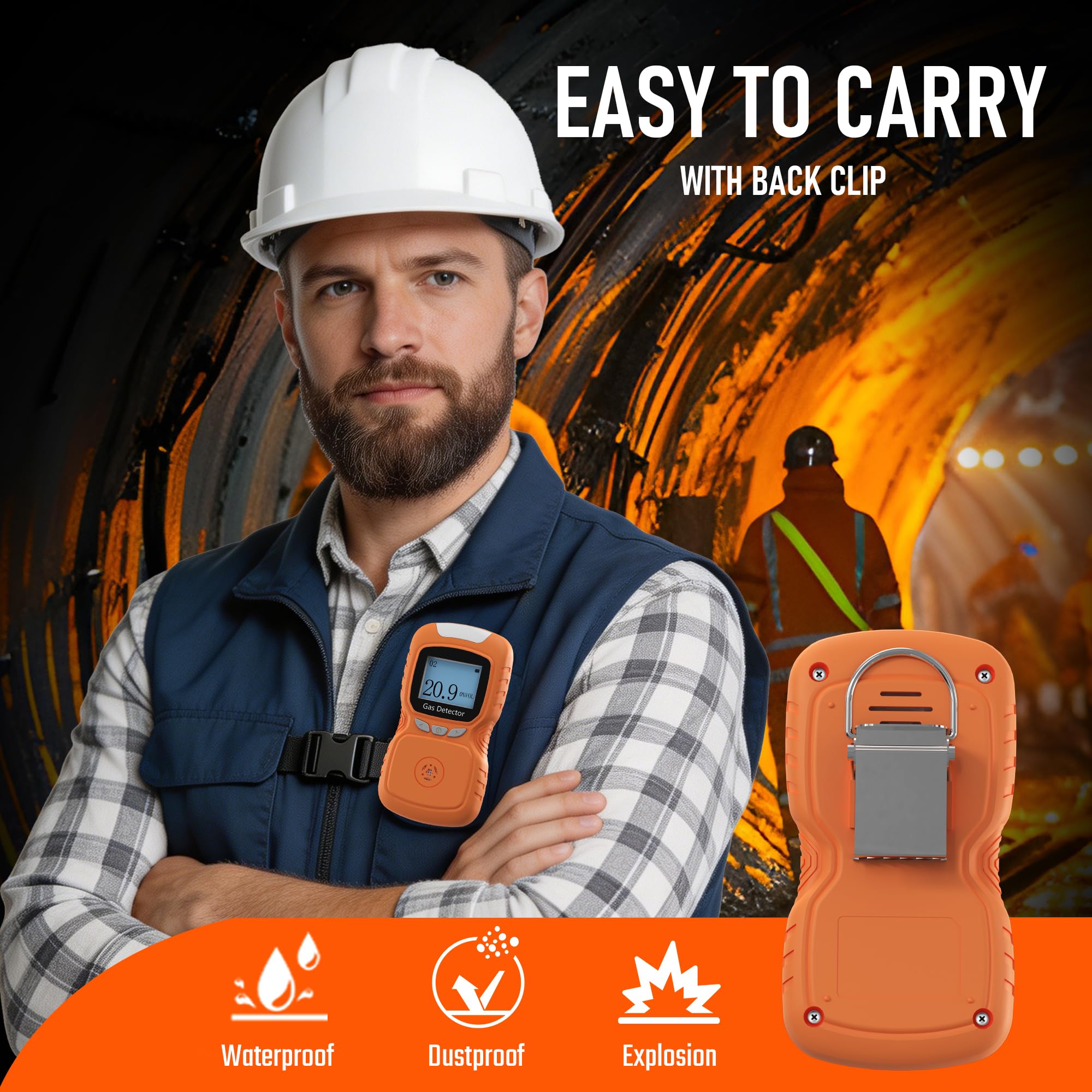 Detector de oxígeno portátil, monitor de gas 0-30% VOL O2, respuesta rápida de 0,5 s, medidor de oxígeno recargable con alarmas de vibración, luz y sonido, a prueba de polvo y explosiones (naranja)