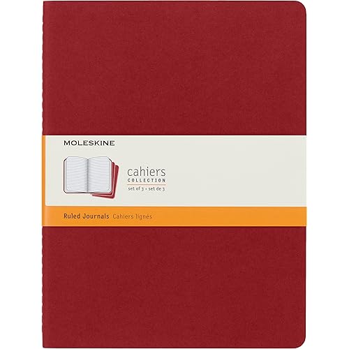 Moleskine Cahier Journal, Soft Cover, XL (7.5" x 9.5") Ruled/Lined, Cranberry Red, 120 Pages (Set of 3)