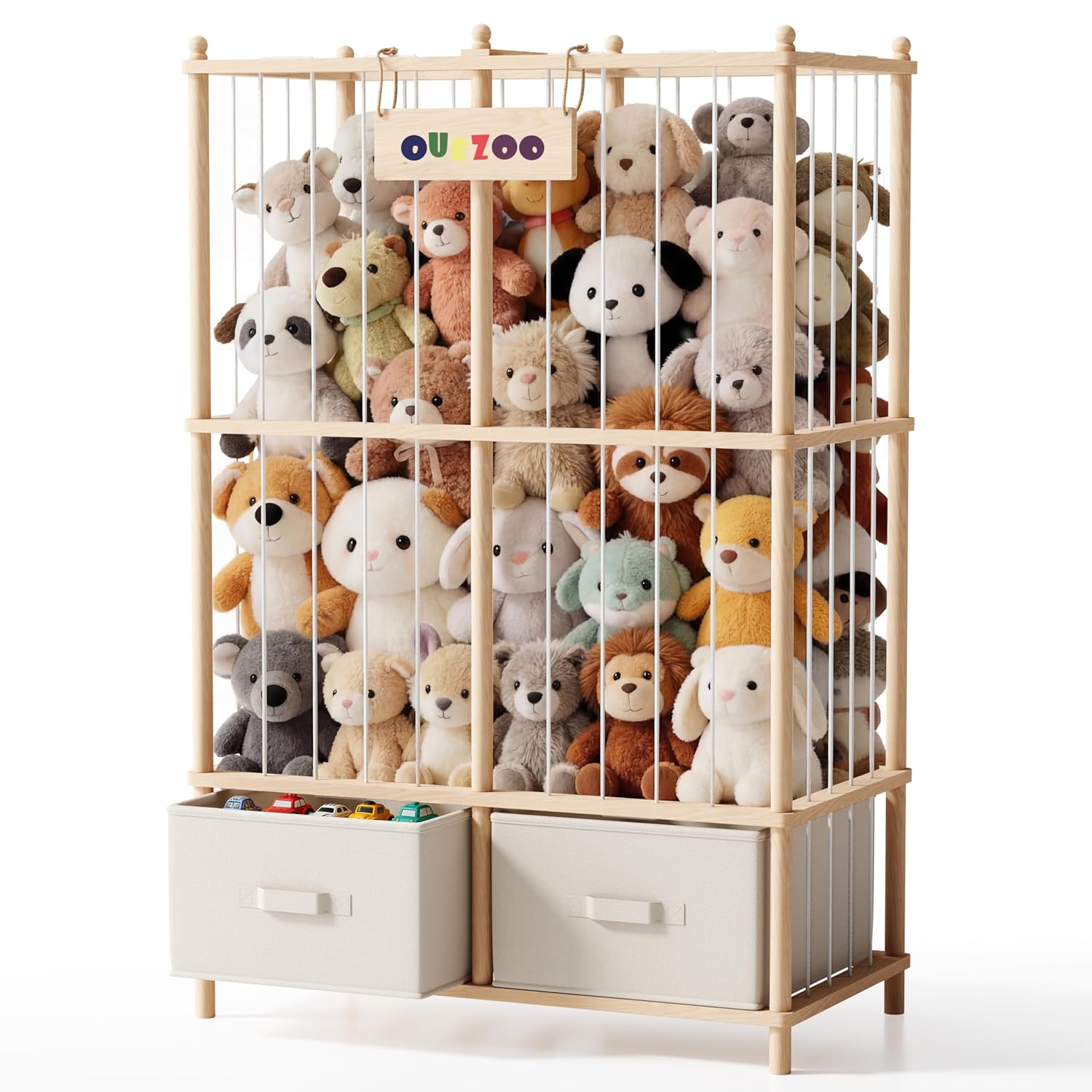 Large Stuffed Animal Storage & Organizer, Wooden Stuffed Animal Zoo Holder with Wooden Bottom and Two Large Capacity Plush Chests for Toddler Rooms, Nursery, Playrooms & Bedrooms