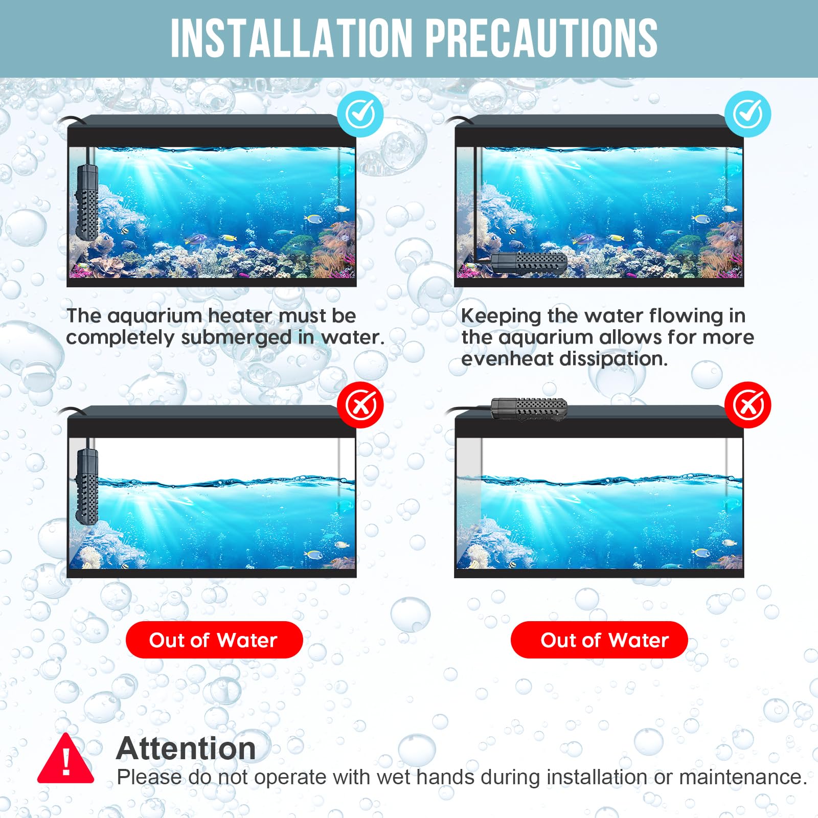 Chauffage d'aquarium submersible 100 W/200 W/300 W/500 W avec protection contre les surchauffes et mise hors tension automatique lors de la sortie de l'eau pour eau salée et eau douce 000