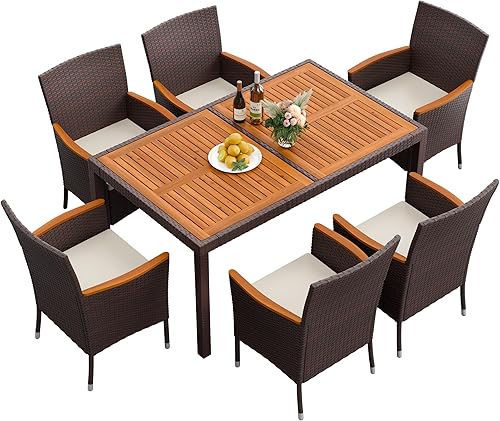 Miniatura 9 de Flamaker Juego de comedor de 7 piezas para patio, mesa y sillas de madera de acacia al aire libre con cojines suaves, muebles de patio de mimbre