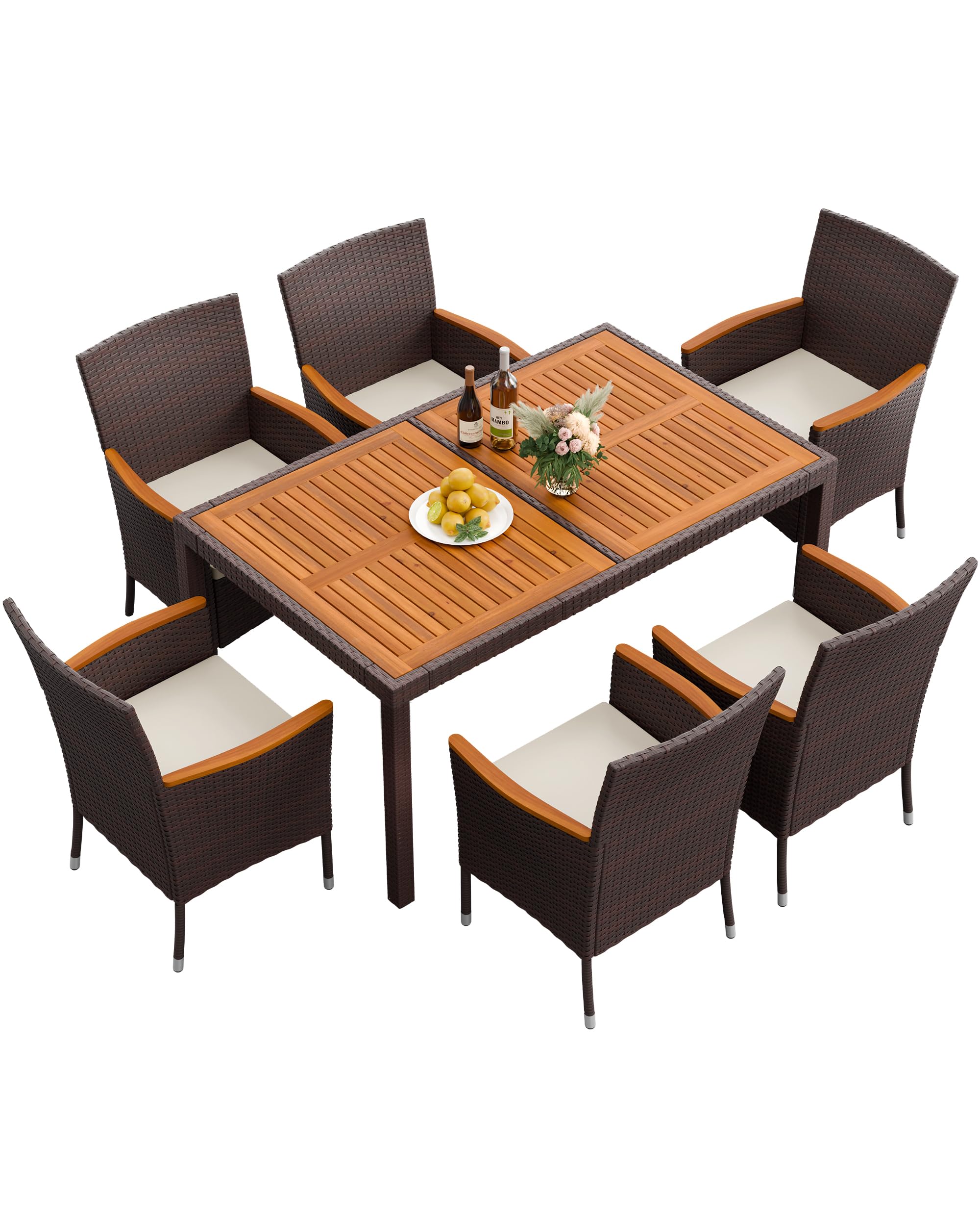 Flamaker Patio Dining Set for 6 Outdoor Acacia Wood Table and Chairs, Brown
