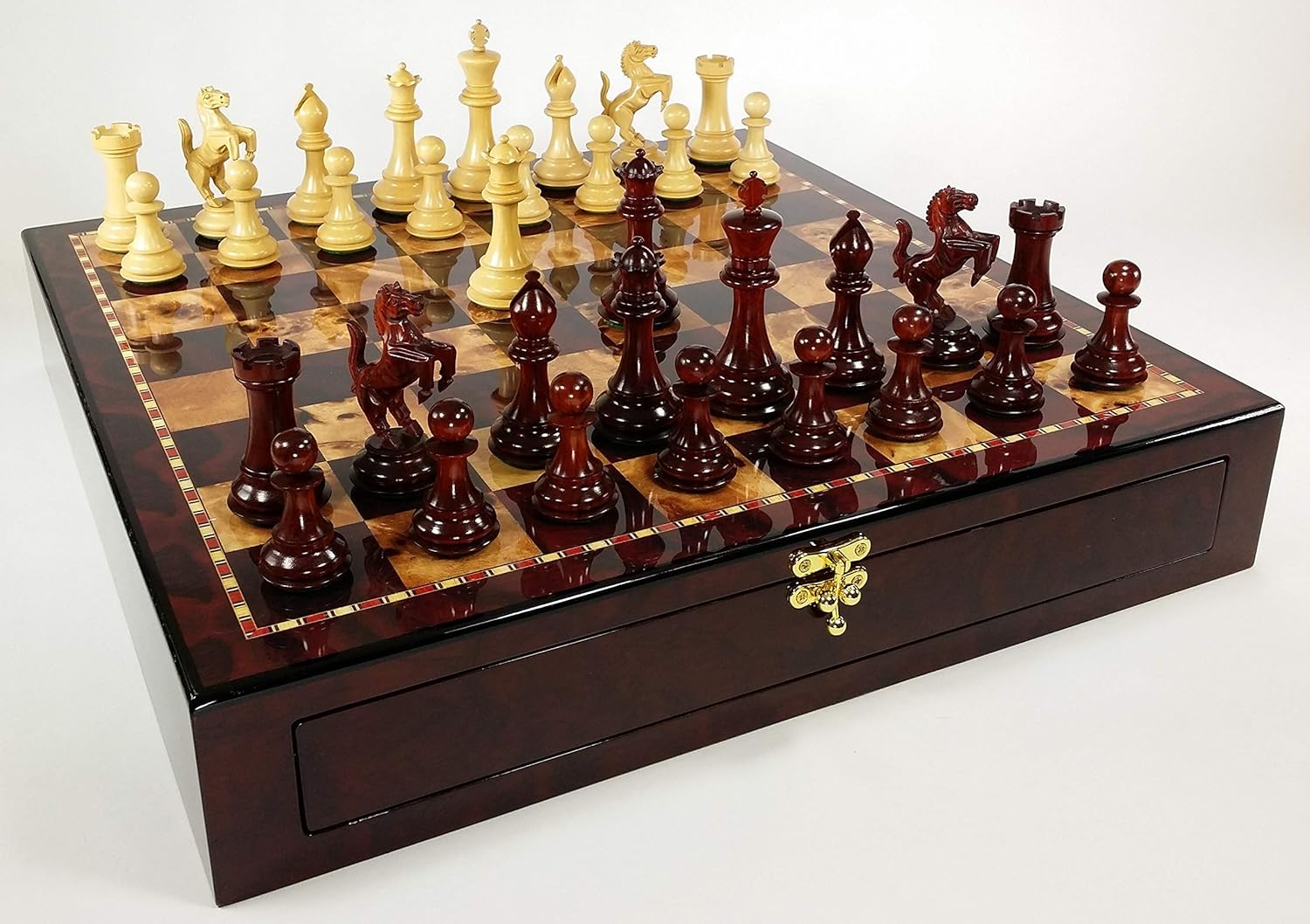 DBL Queens - 4 1/2 inch King Blood Rosewood Staunton Wood Rearing Knight Chess Set W/ 20" High Gloss Cherry and Burlwood Color Storage Board
