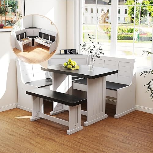 Breakfast Nook Kitchen Corner Dining Table Bench Chair Set, with Charging Ports, Hidden Storage Space-Saving 3-5 Seat L-Shape for Farmhouse Family Home White Black Wood