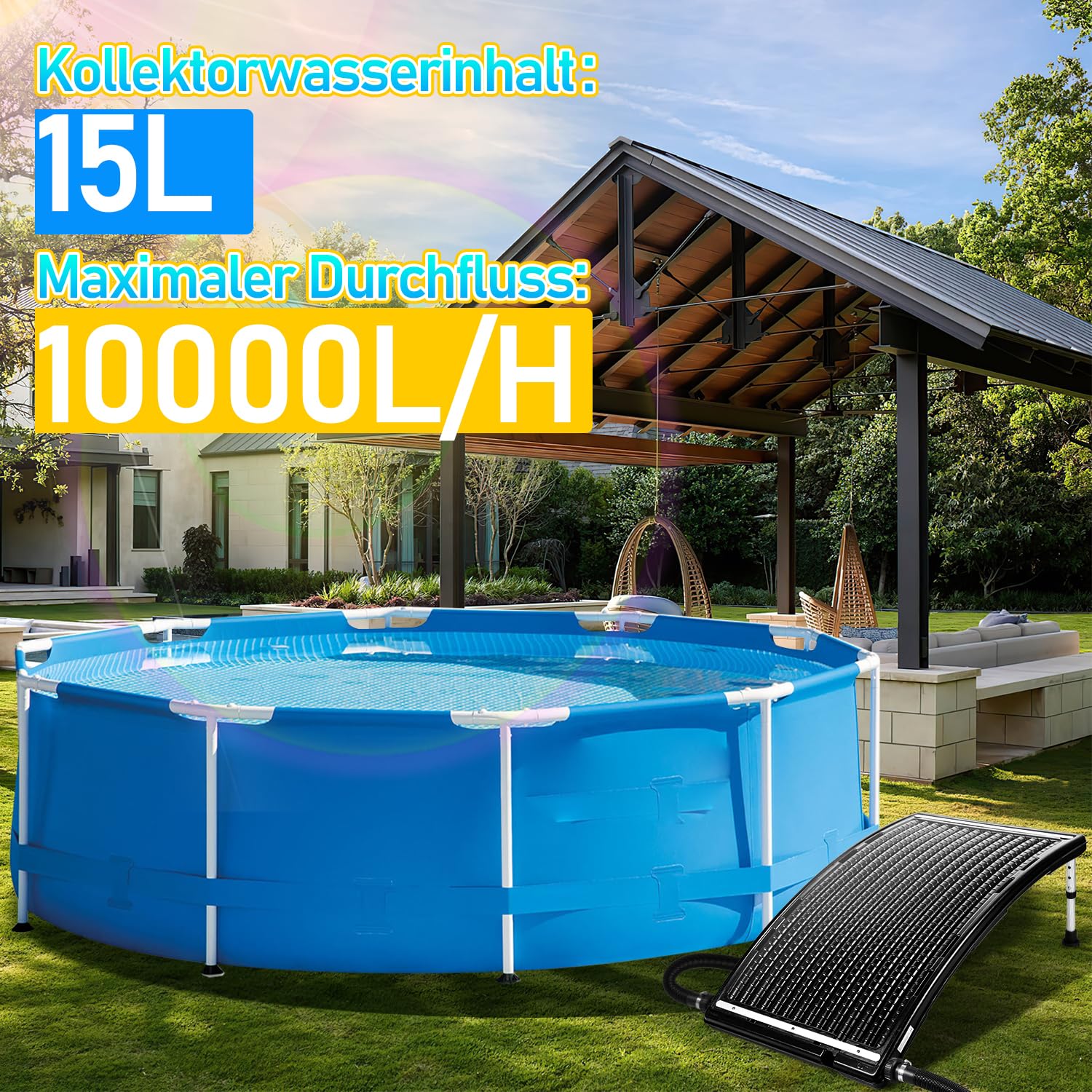 Poolheizung Solar, 113 x 69 x 35cm Sonnenkollektor Pool,Solarheizung 10000 L/H,32-40mm Anschluss Solar Poolheizung Erweiterbar,Solaranlage für Warmwasser Gartendusche Pool,Poolheizung