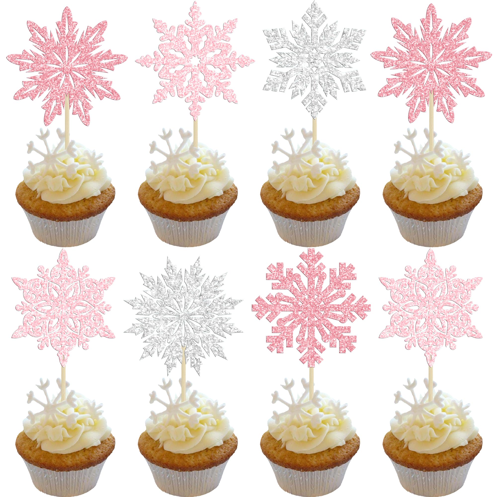 Ephlyn 30Pcs Snowflake Cupcake Toppers Glitter Winter Snowflake Cupcake Picks Winter Frozen Cake Decorations Christmas Baby Shower Kids Birthday Party Supplies Light Pink Silver