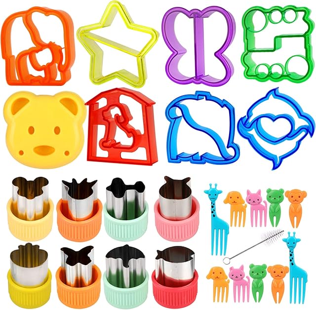 26Pcs Sandwich Cutters set for Kids, Vegetable Cookie Cutters with Comfort Grip, Stainless Steel Fruit Shape Cutters, Cartoon Animal Bento Food Cutter Stamps, Bread Cutters with 10 Cartoon Toothpicks