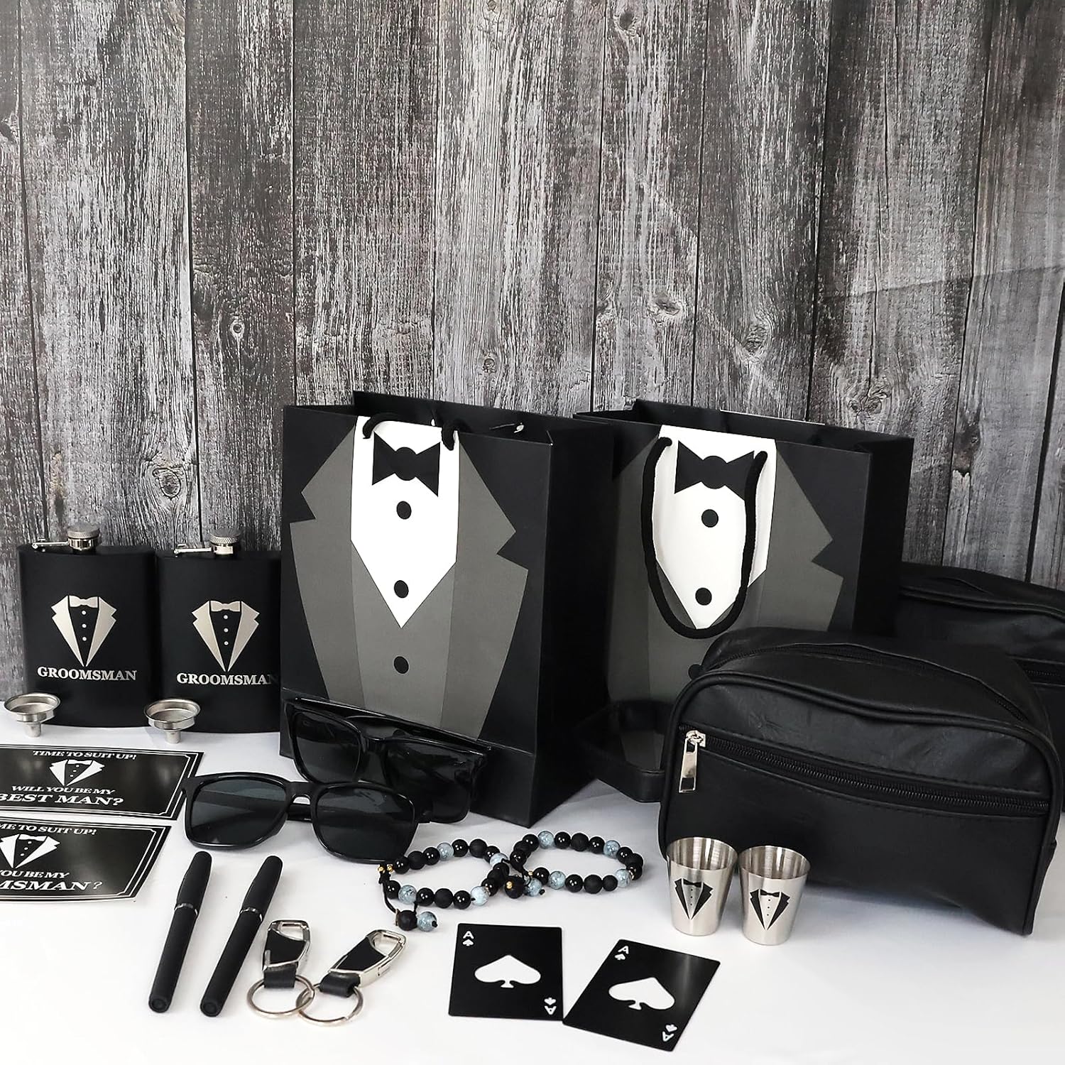 Set 4 Groomsmen Proposal Gifts - Groomsmen Gift Boxes with Leather Bag，Tuxedo Flask, Funnel，Shot Glasse，Poker Card Bottle Openers, Sunglasses, Pen，Bracelet, Card & Gift Bags for Wedding Party