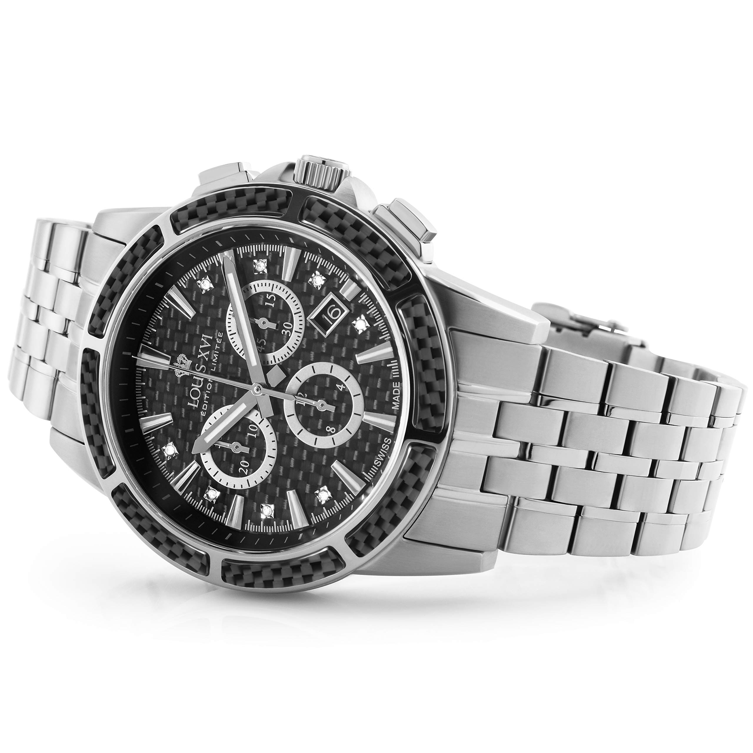 LOUIS XVI Herren-Armbanduhr Majesté Stahlband Silber Schwarz Karbon echte Diamanten Chronograph Analog Quarz Edelstahl 1101
