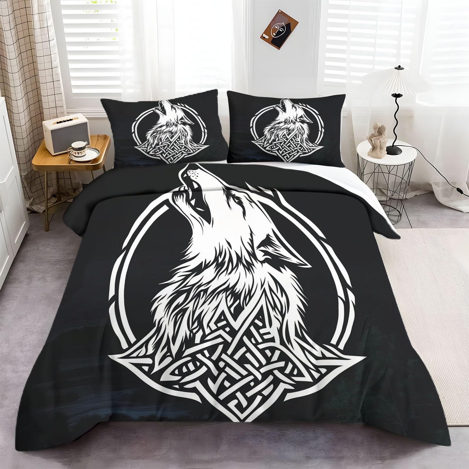 Funda Nórdica Lobo Vikingo Juego De Cama Suave Transpirable Microfibra 1 Funda Nórdica + 2 Fundas De Almohada 50X75cm Cama 90