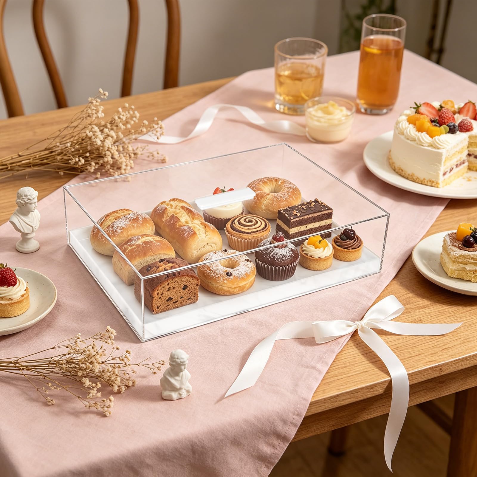 Bandeja rectangular de acrílico grande para tartas con tapa, soporte para tartas de 14 x 10 pulgadas, soporte transparente para exhibición de pasteles con tapa, soporte para postres, bandeja para
