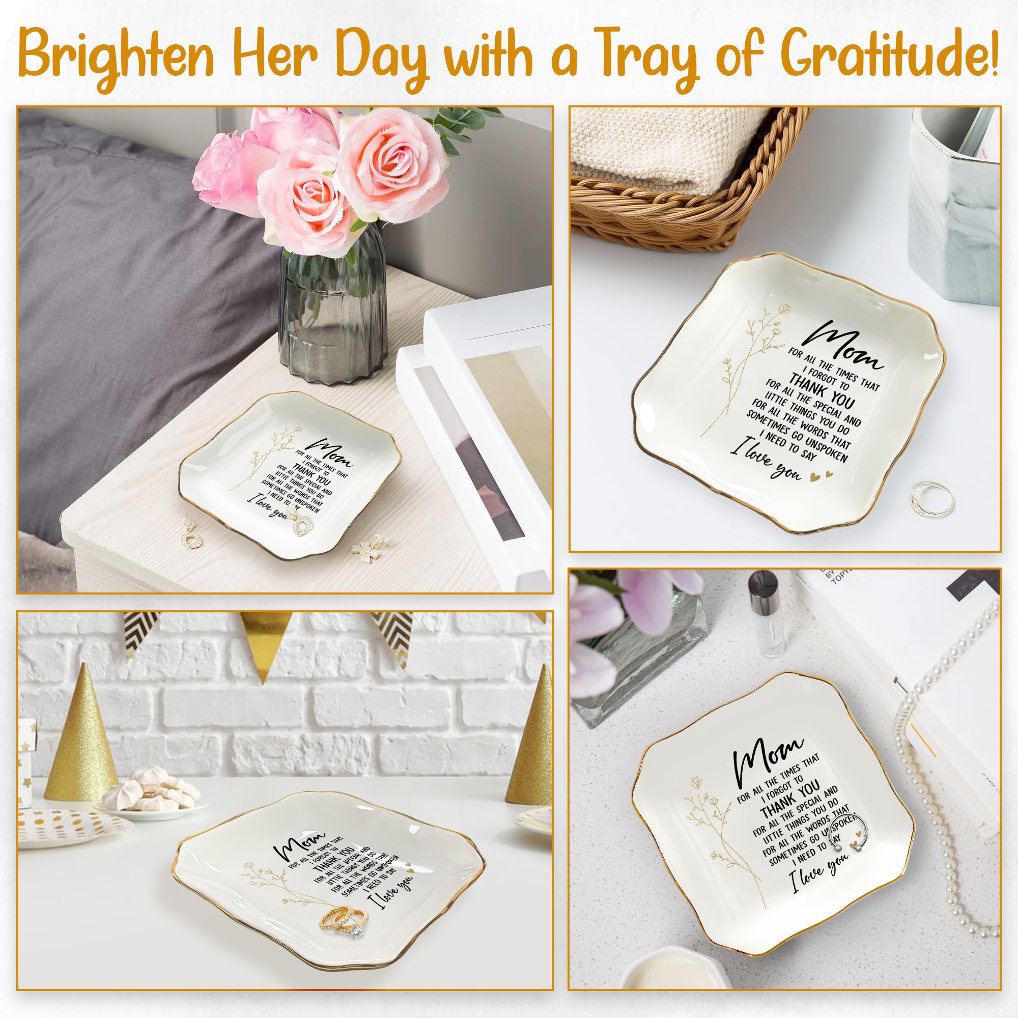 Regalos para mamá: Día de la Madre, Navidad, agradecimiento, regalos de cumpleaños para mamá de hija, hijo, mamá, suegra, plato de agradecimiento para anillos y aretes, bandeja de porcelana de 4 x 4